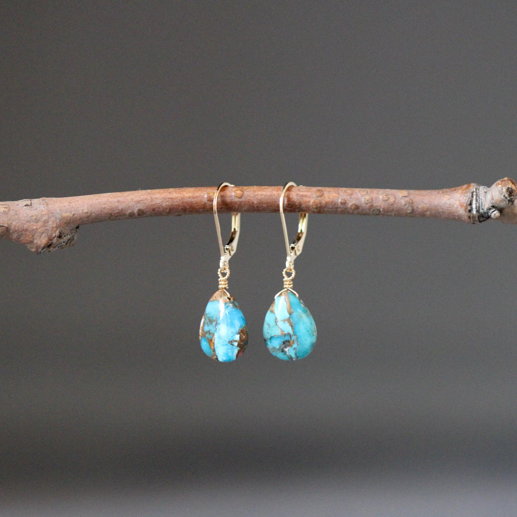 Spiny Oyster Kingman Copper Turquoise Teardrop Earrings on Gold Filled Leverbacks