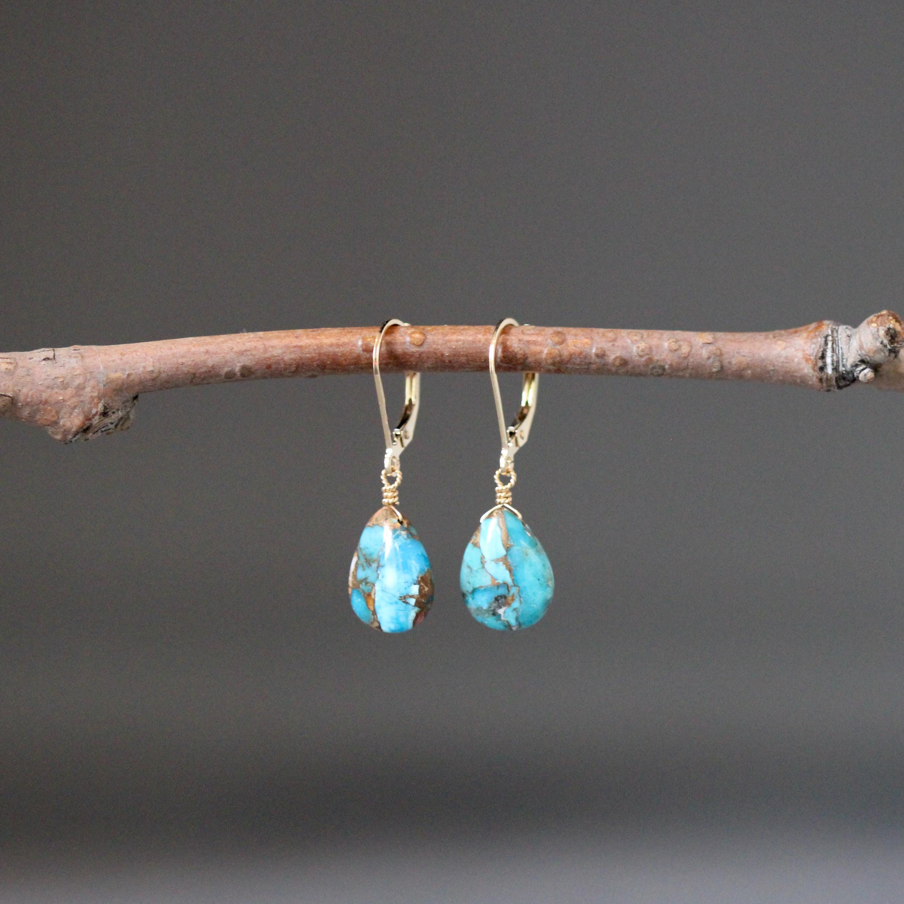 Spiny Oyster Kingman Copper Turquoise Teardrop Earrings on Gold Filled Leverbacks