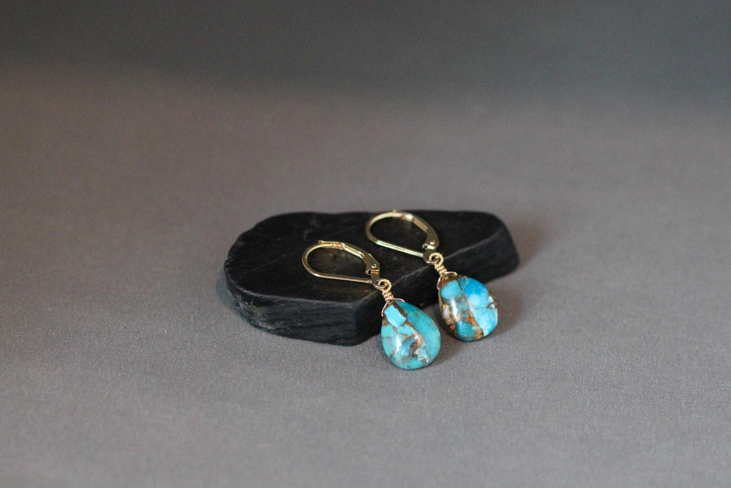 Spiny Oyster Kingman Copper Turquoise Teardrop Earrings on Gold Filled Leverbacks