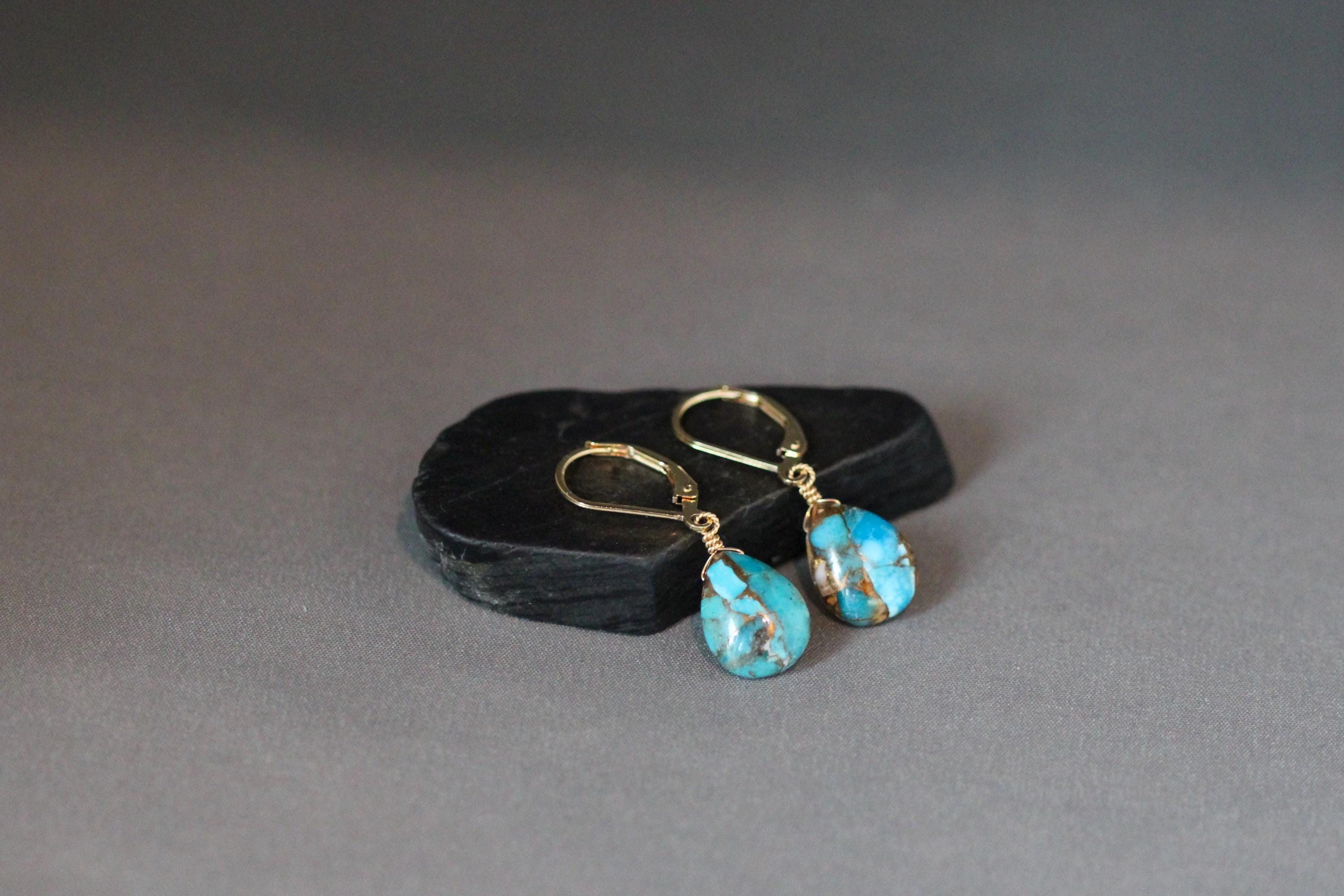 Spiny Oyster Kingman Copper Turquoise Teardrop Earrings on Gold Filled Leverbacks