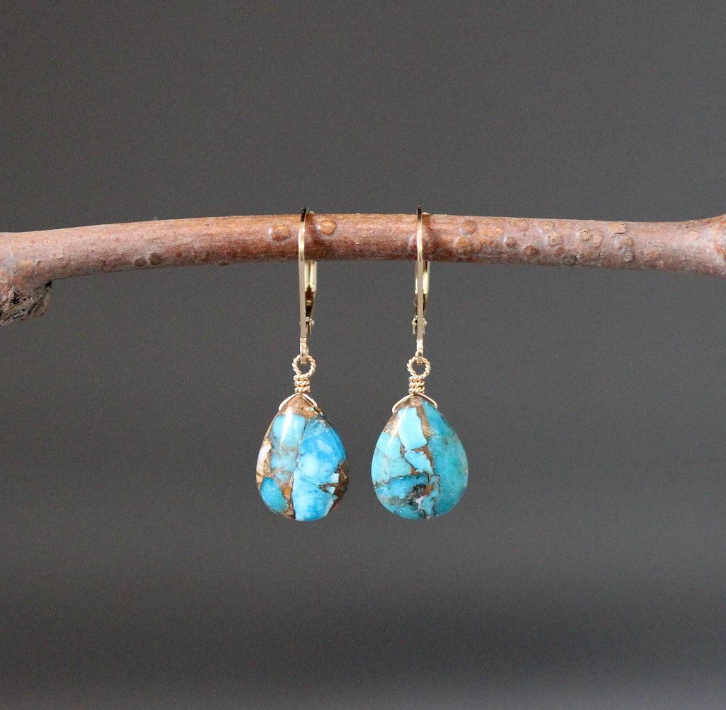 Spiny Oyster Kingman Copper Turquoise Teardrop Earrings on Gold Filled Leverbacks