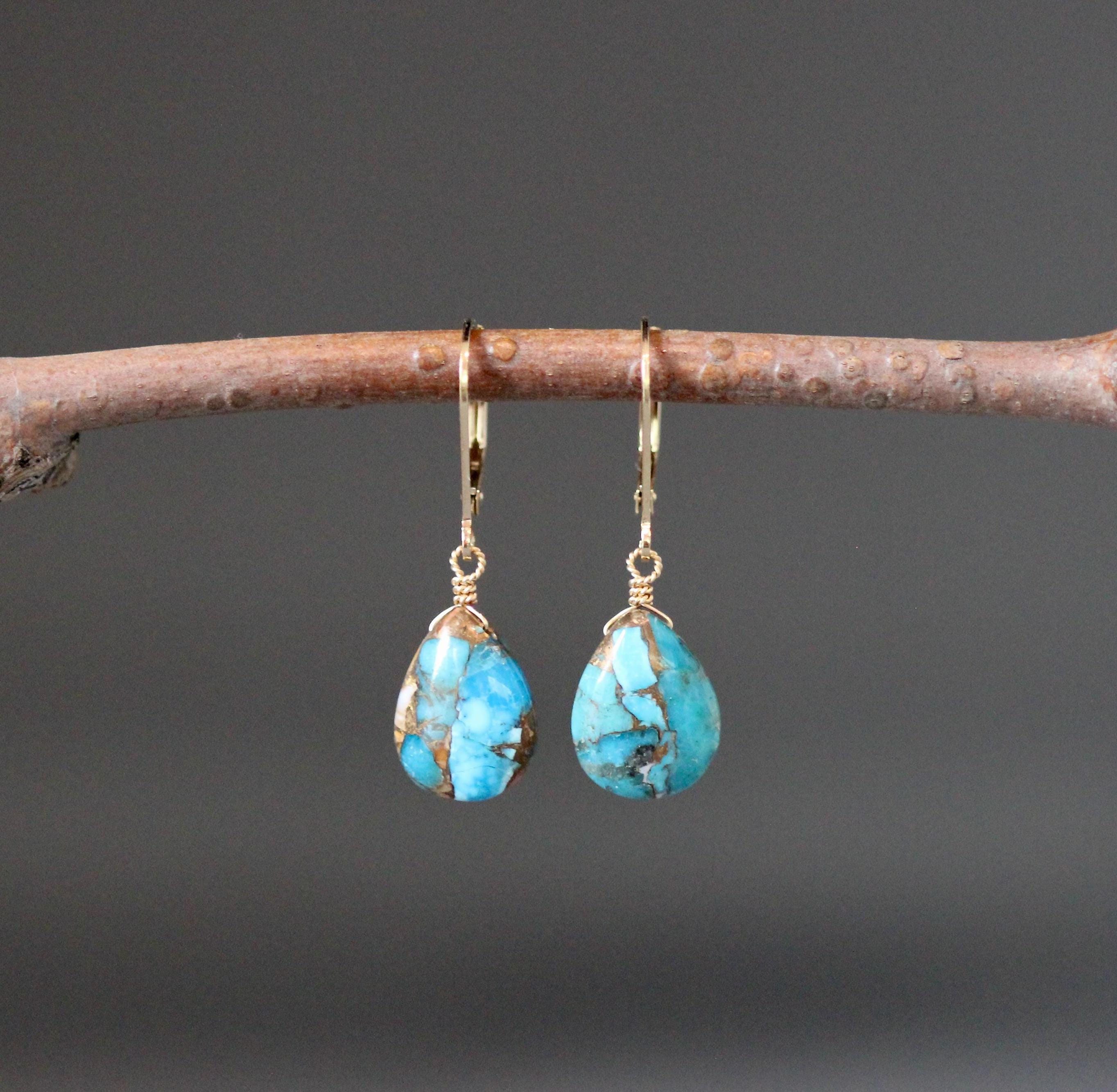Spiny Oyster Kingman Copper Turquoise Teardrop Earrings on Gold Filled Leverbacks