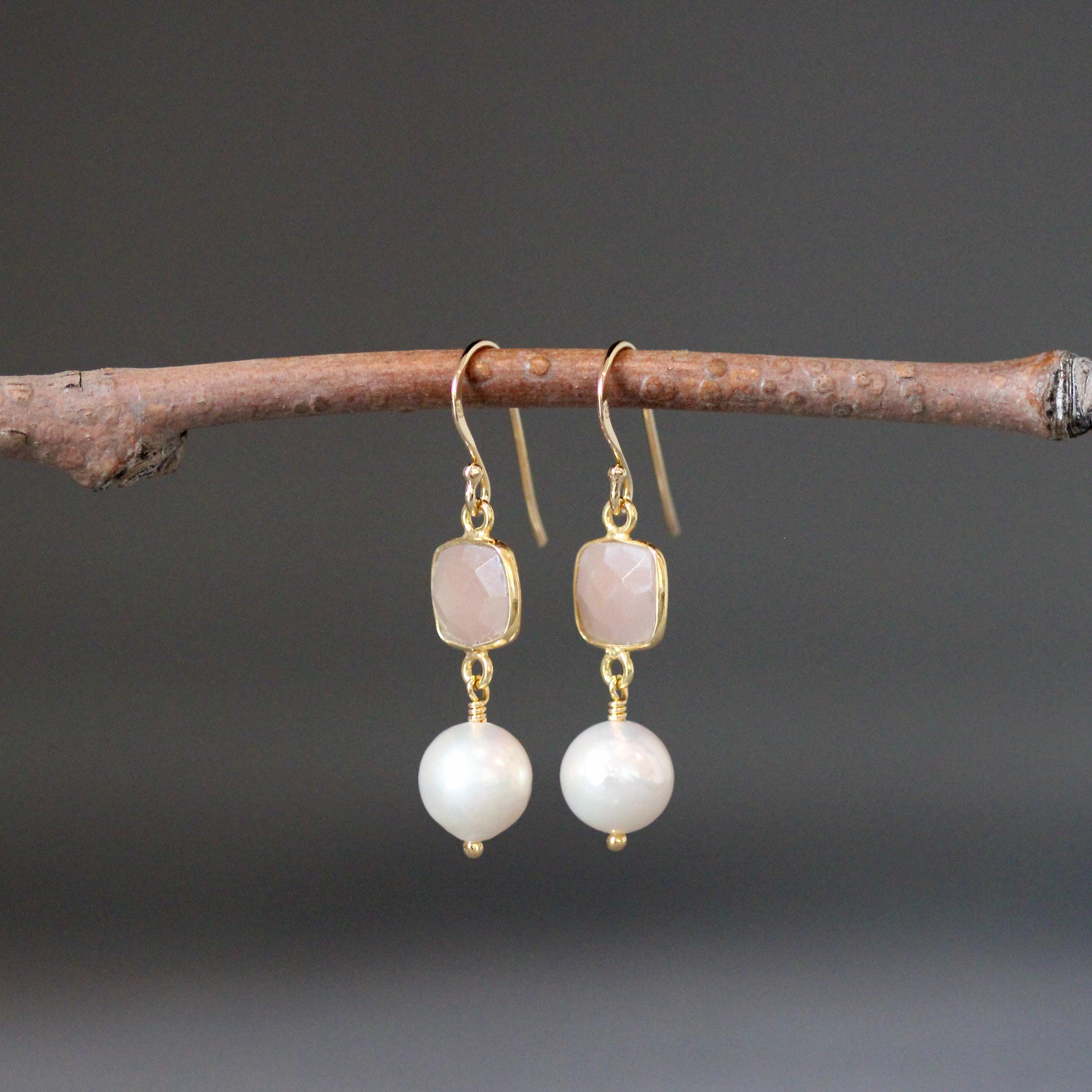 Edison Pearl and Pink Moonstone Bezel Drop Earrings in Gold Vermeil