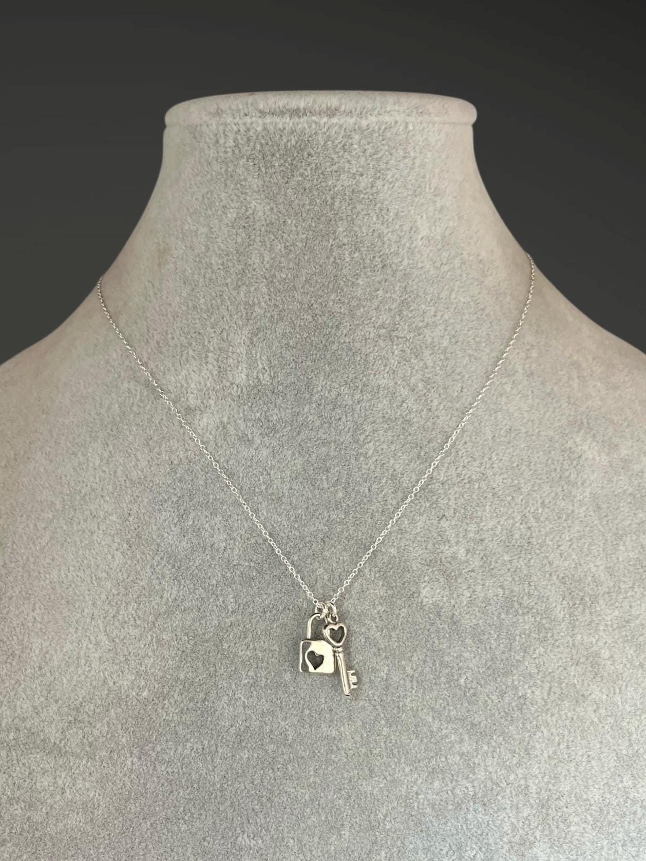 Sterling Silver Heart Lock and Key Charm Pendant Necklace