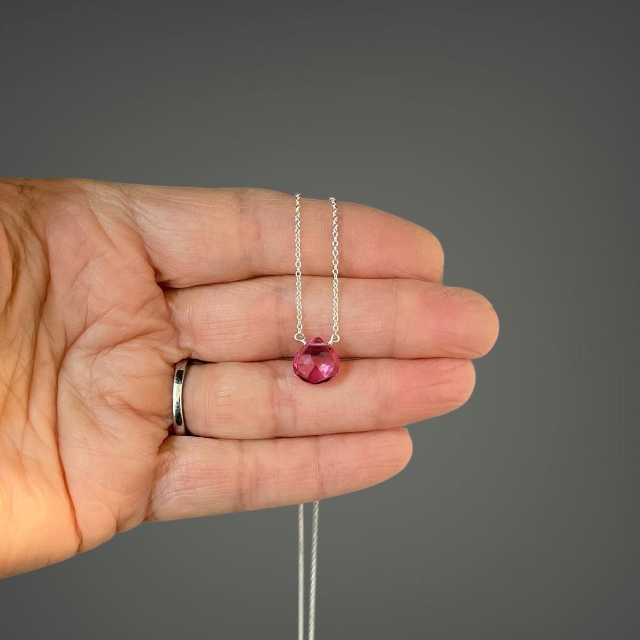 Fuchsia Quartz Teardrop Pendant Necklace in Sterling Silver