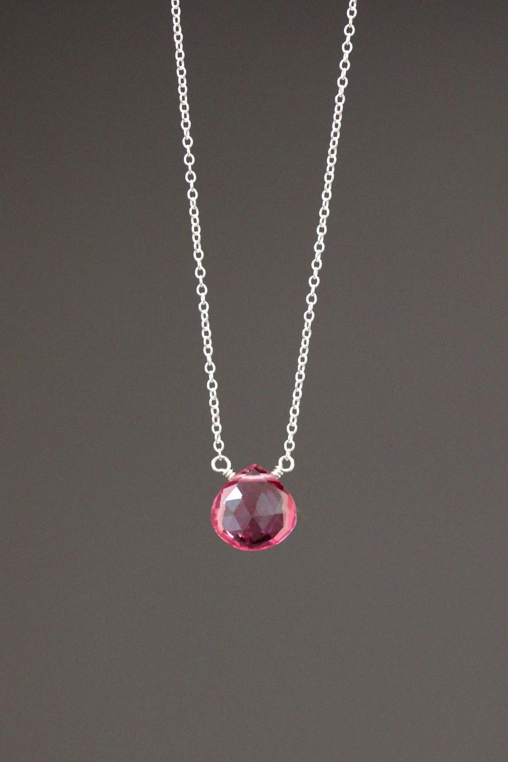 Fuchsia Quartz Teardrop Pendant Necklace in Sterling Silver