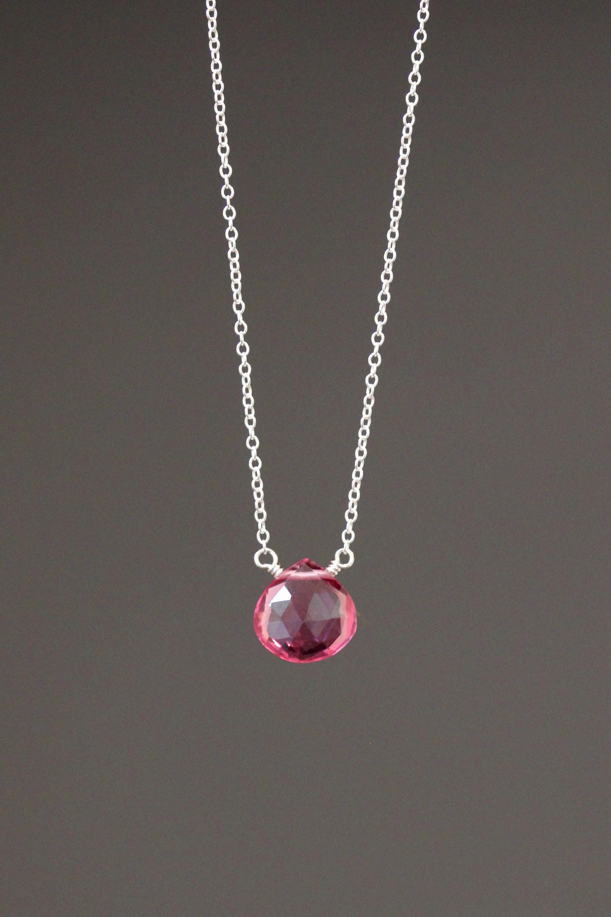 Fuchsia Quartz Teardrop Pendant Necklace in Sterling Silver