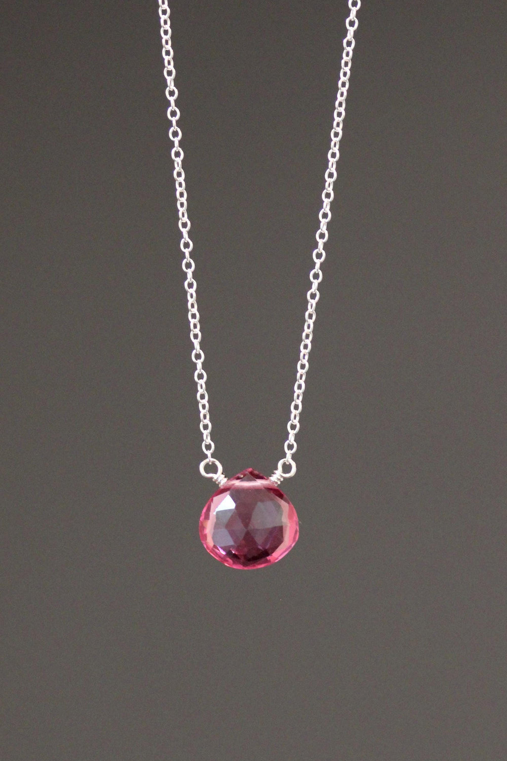 Fuchsia Quartz Teardrop Pendant Necklace in Sterling Silver