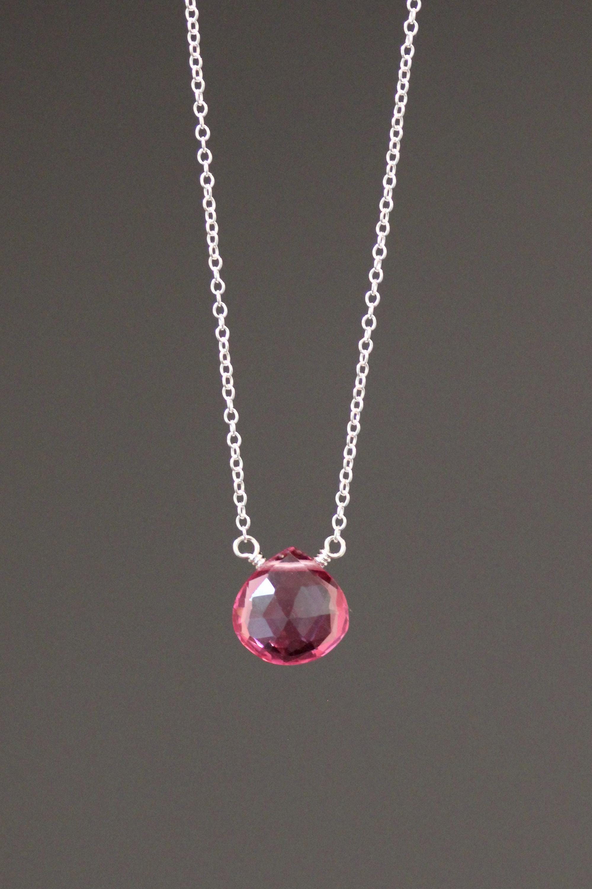 Fuchsia Quartz Teardrop Pendant Necklace in Sterling Silver