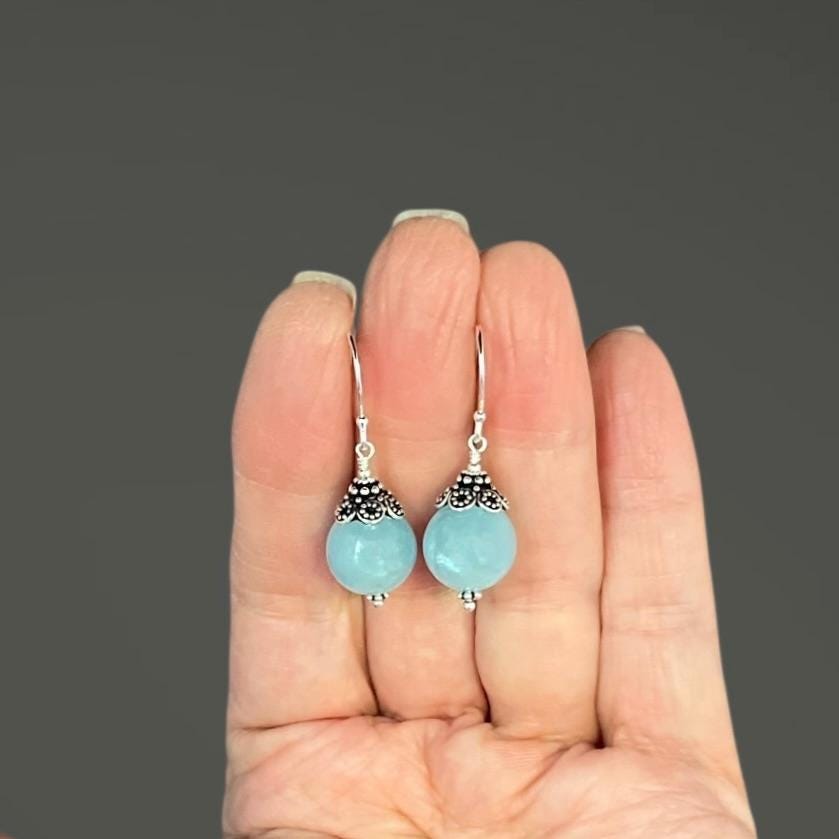 Aquamarine Round Stone Earrings with Bali Sterling Silver Caps