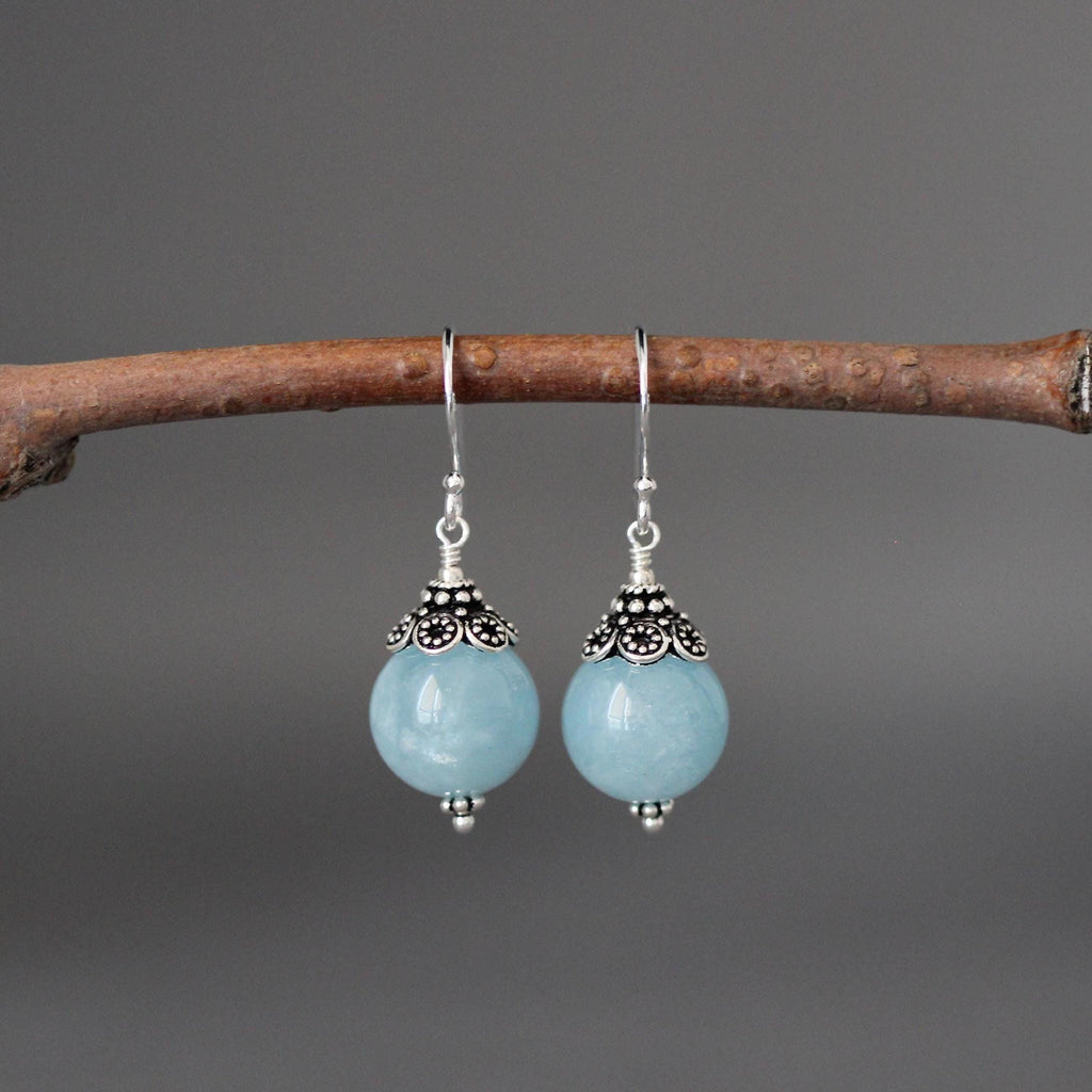 Aquamarine Round Stone Earrings with Bali Sterling Silver Caps