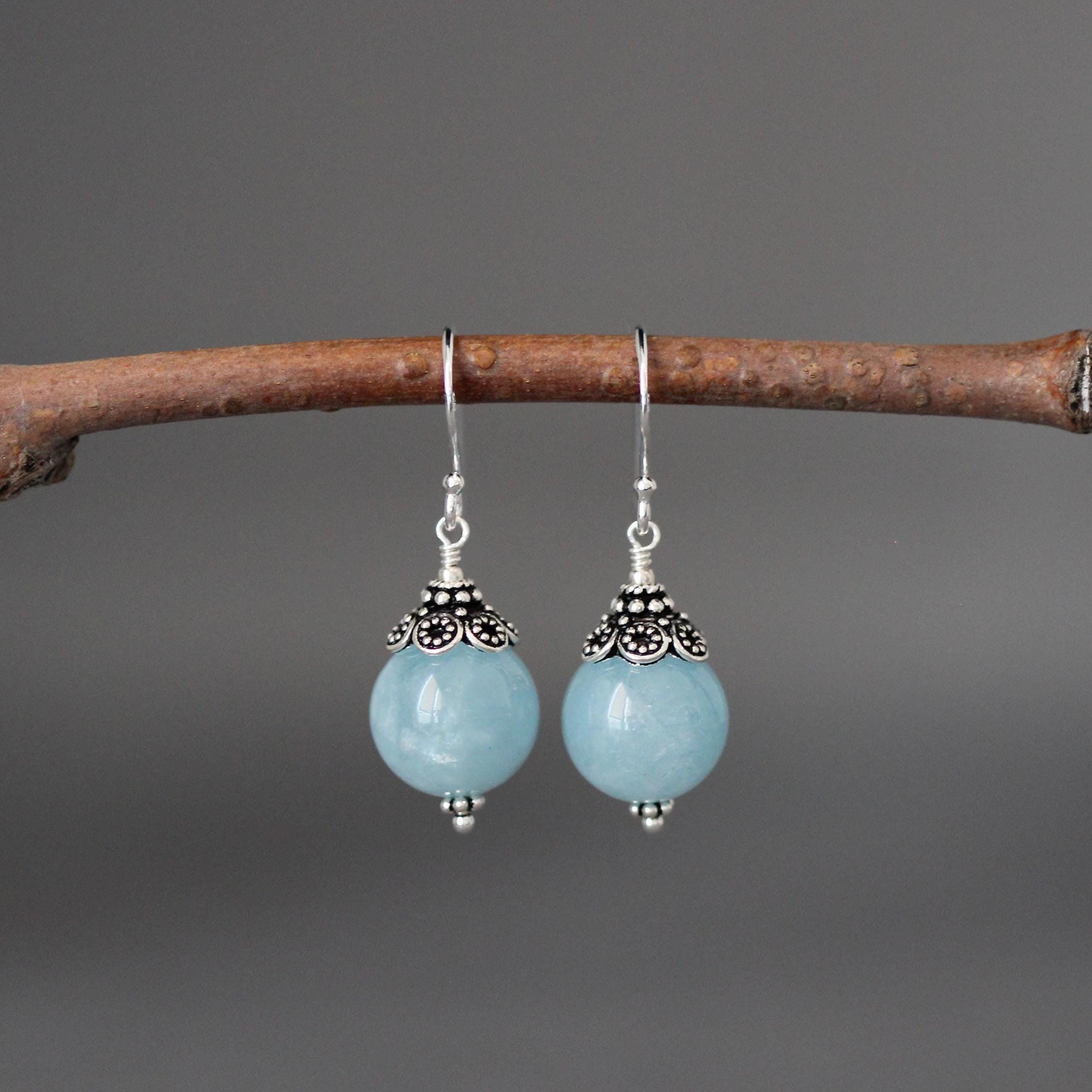Aquamarine Round Stone Earrings with Bali Sterling Silver Caps