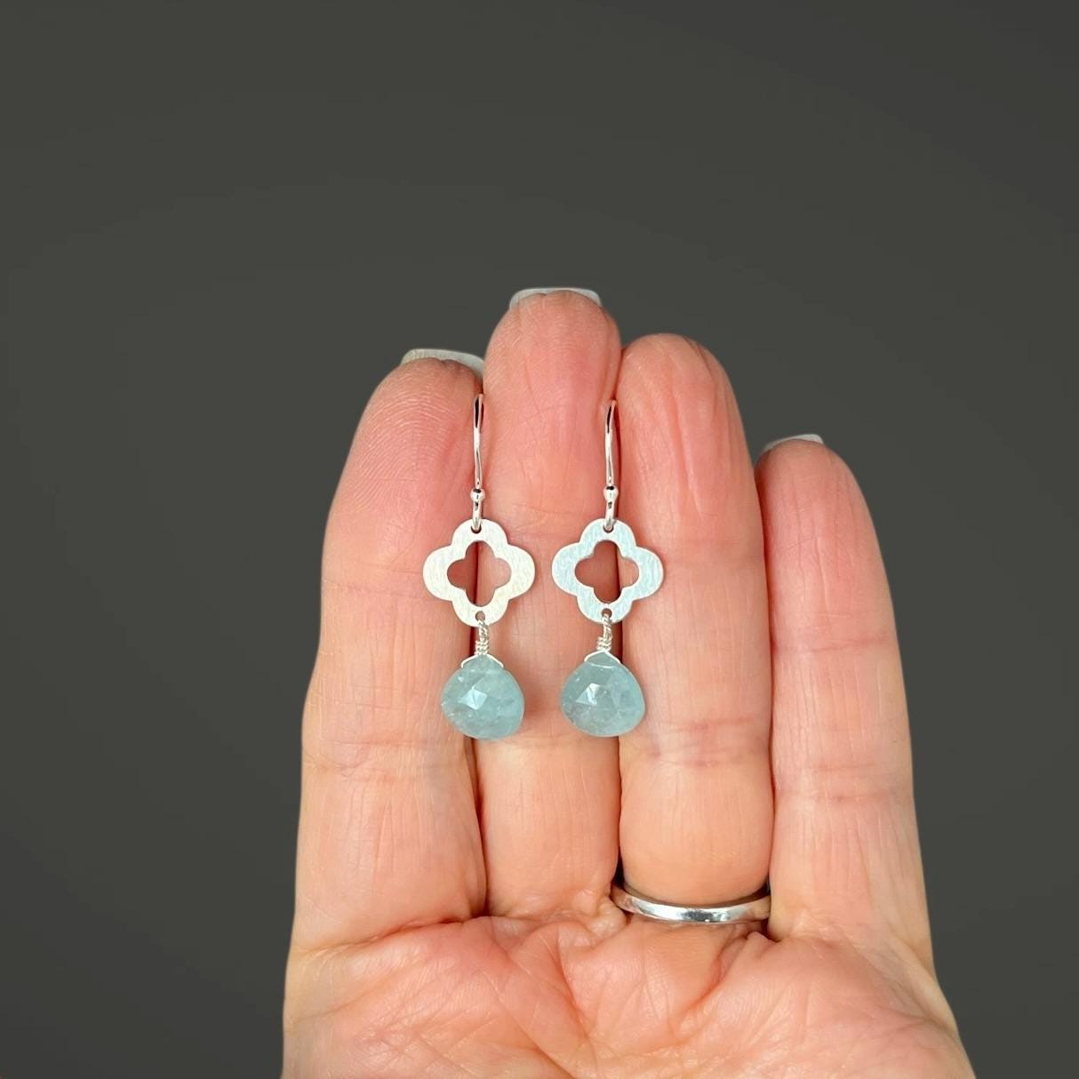 Aquamarine Teardrop Earrings on Sterling Silver Quatrefoil Links