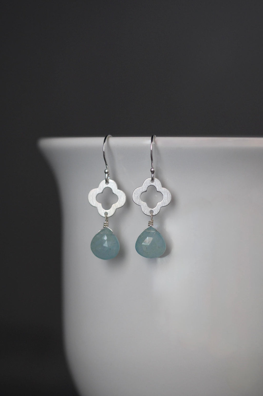 Aquamarine Teardrop Earrings on Sterling Silver Quatrefoil Links