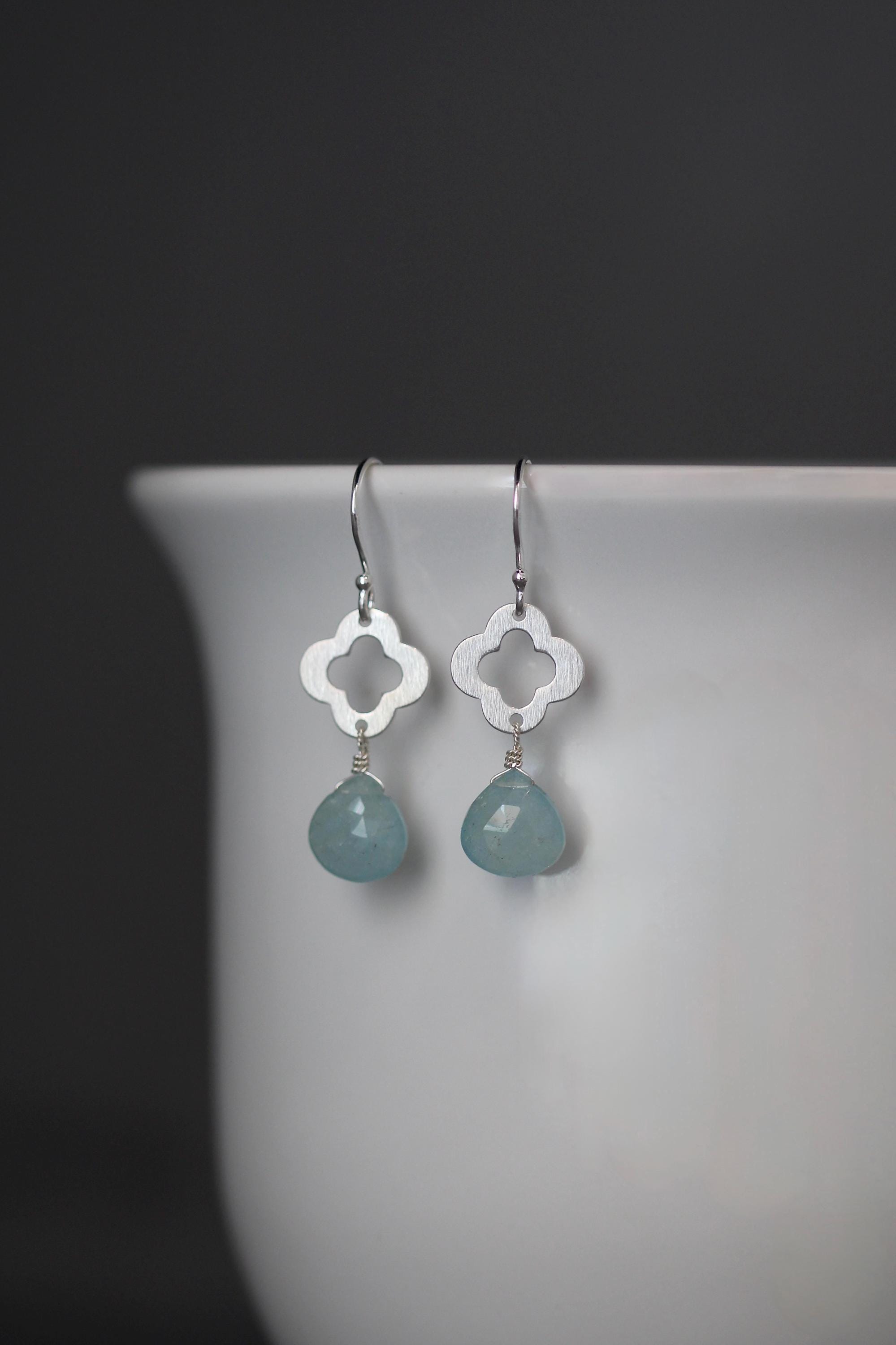 Aquamarine Teardrop Earrings on Sterling Silver Quatrefoil Links