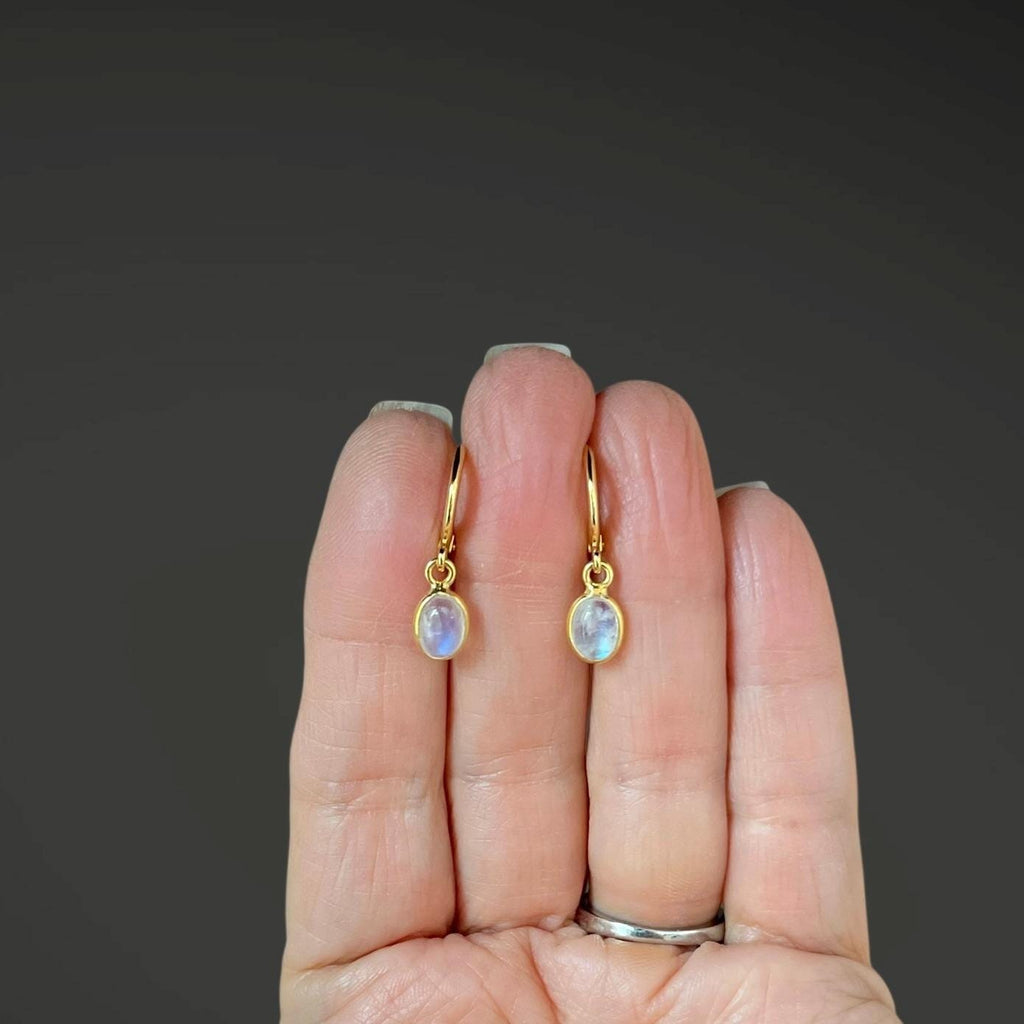 Rainbow Moonstone Gold Vermeil Bezel Earrings with Huggie Hoops