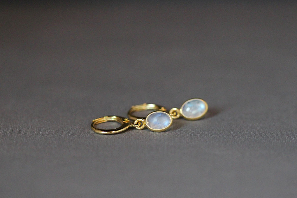 Rainbow Moonstone Gold Vermeil Bezel Earrings with Huggie Hoops