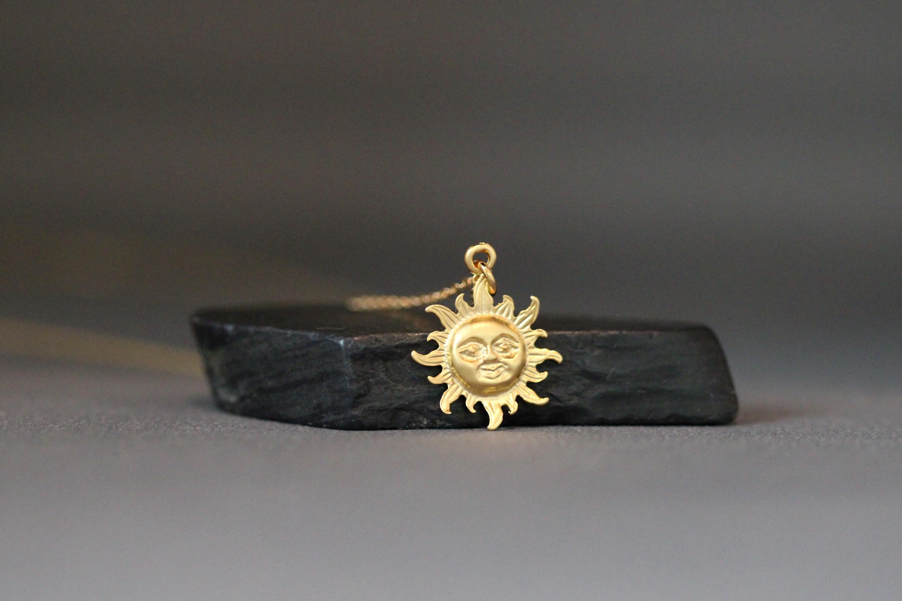 Matte Gold Vermeil Sun Charm Pendant Necklace on Gold Filled Chain