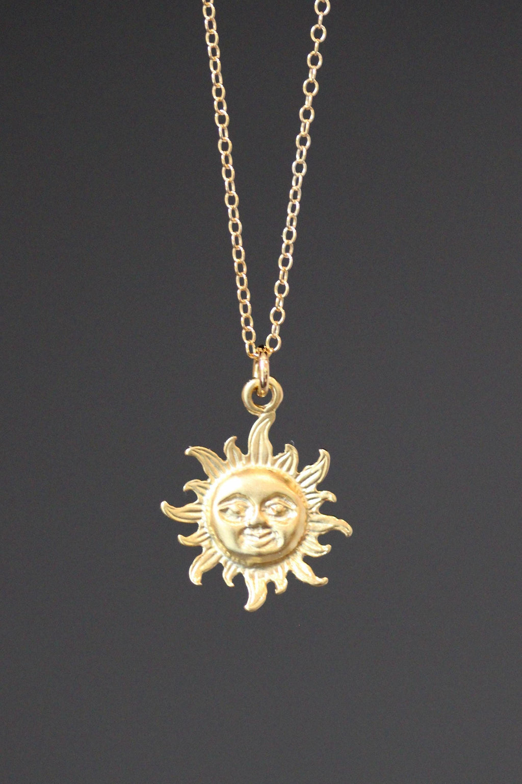 Matte Gold Vermeil Sun Charm Pendant Necklace on Gold Filled Chain
