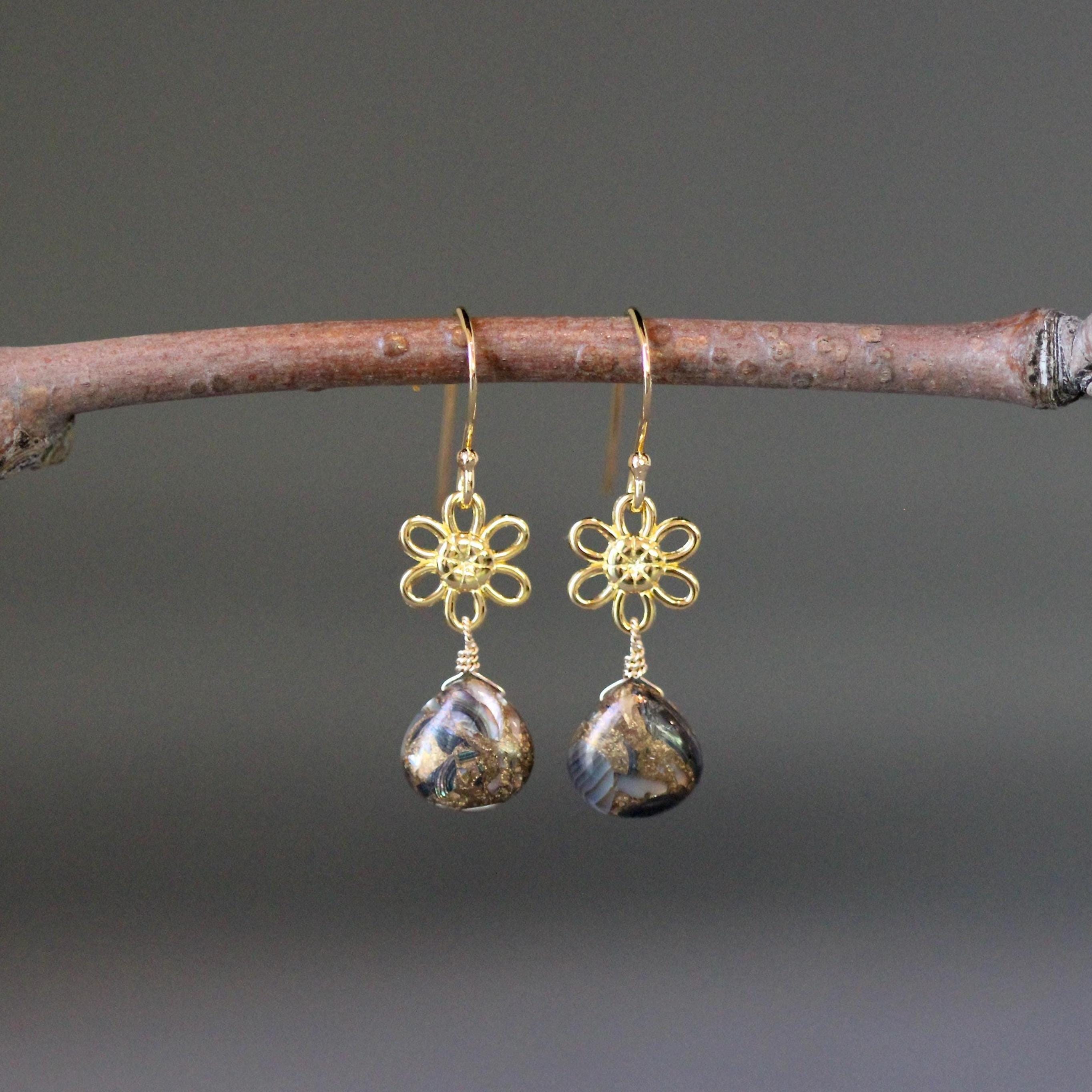 Bronze Abalone Teardrop Earrings on Gold Vermeil Flower Links
