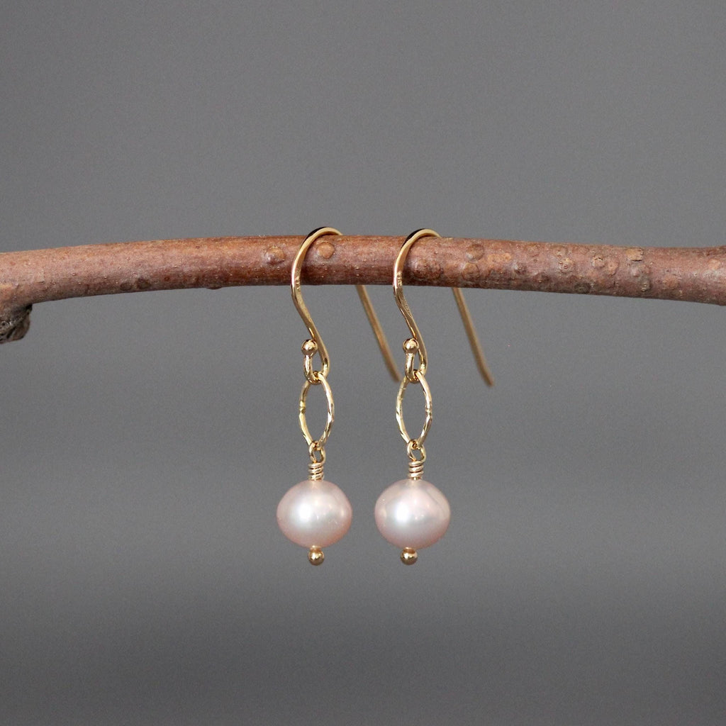 Pink Freshwater Pearl Dangle Earrings on Gold Vermeil Oval Links