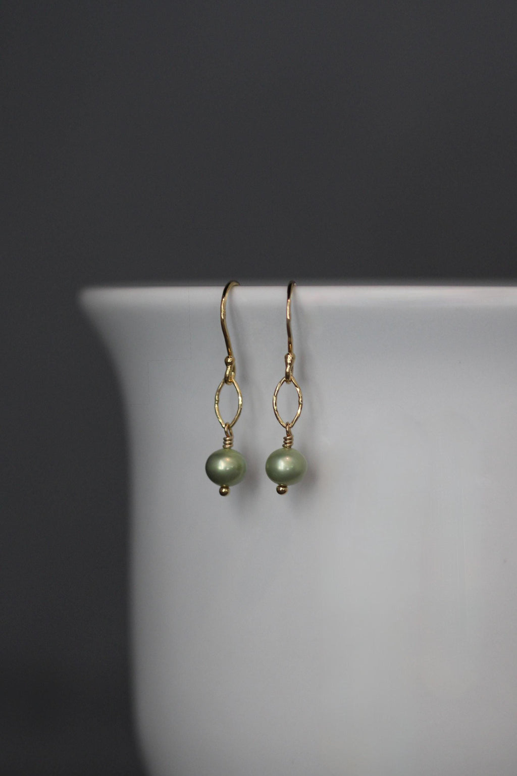 Green Freshwater Pearl Earrings on Gold Vermeil Oval Links