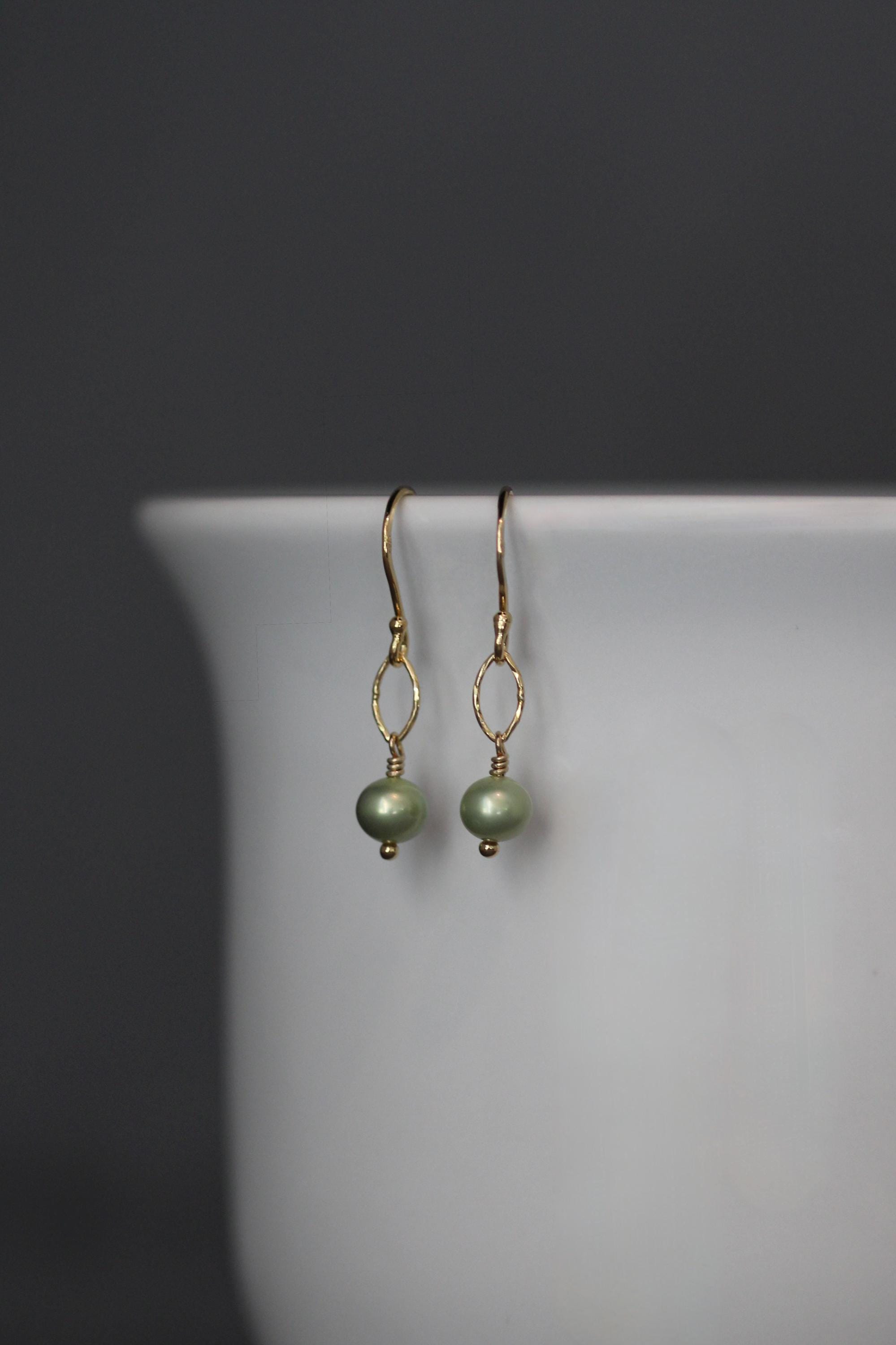 Green Freshwater Pearl Earrings on Gold Vermeil Oval Links