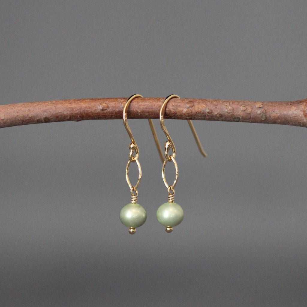 Green Freshwater Pearl Earrings on Gold Vermeil Oval Links