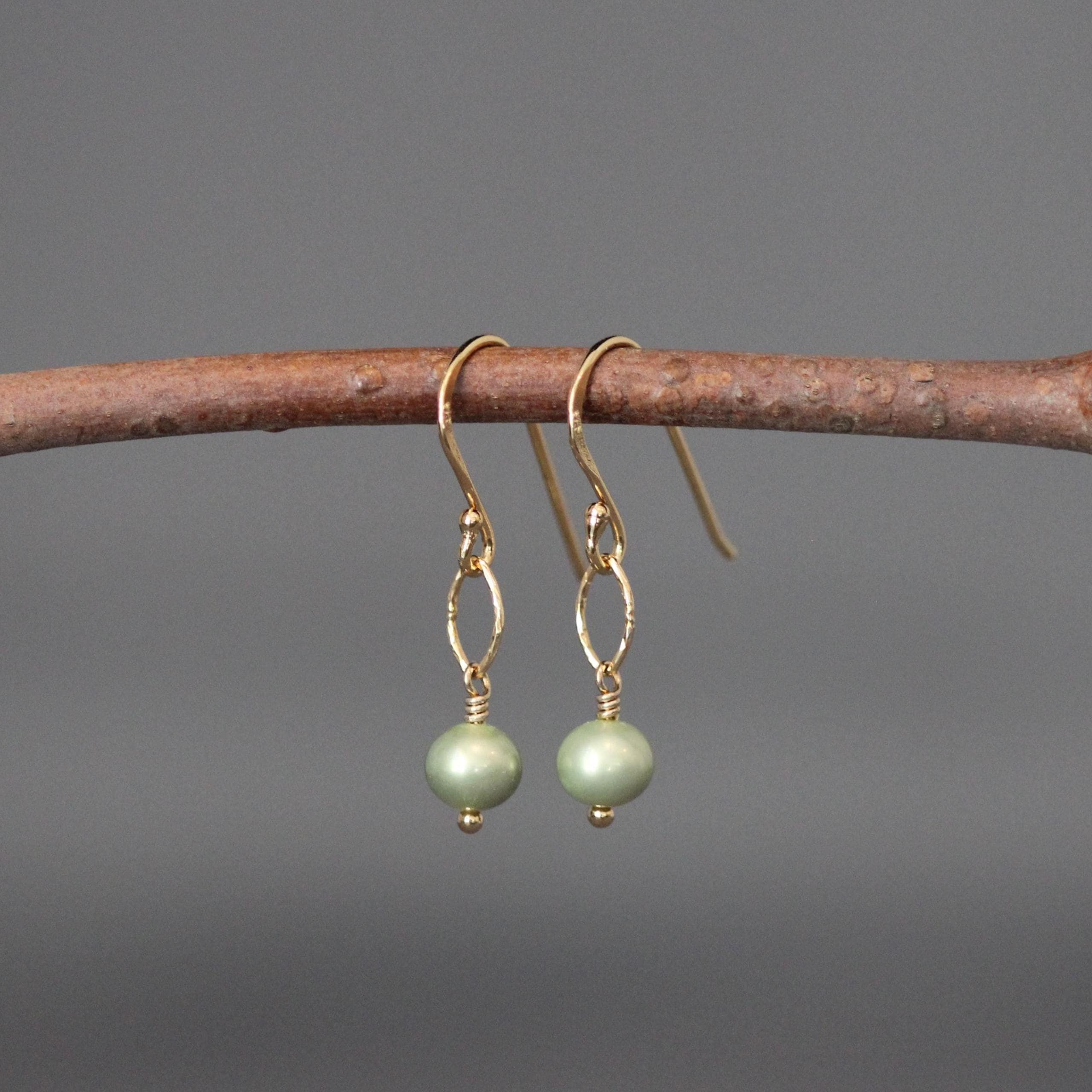 Green Freshwater Pearl Earrings on Gold Vermeil Oval Links