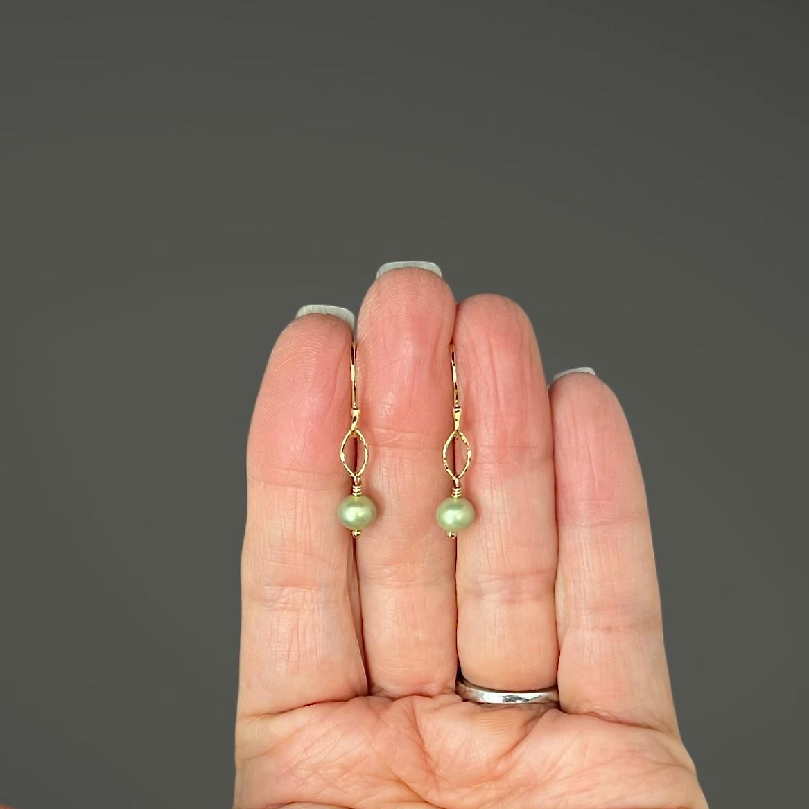 Green Freshwater Pearl Earrings on Gold Vermeil Oval Links