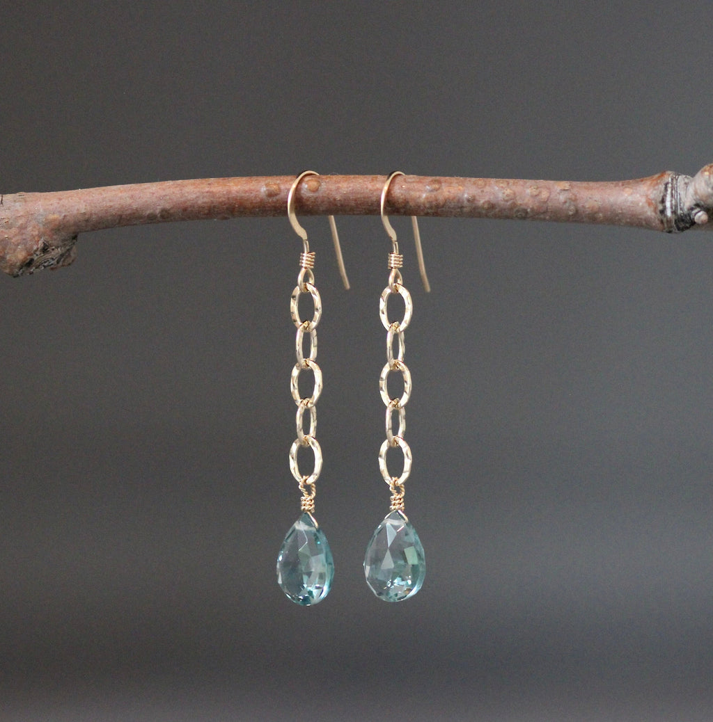 Teal Blue Topaz Quartz Teardrop Earrings on Hammered Gold Filled Links