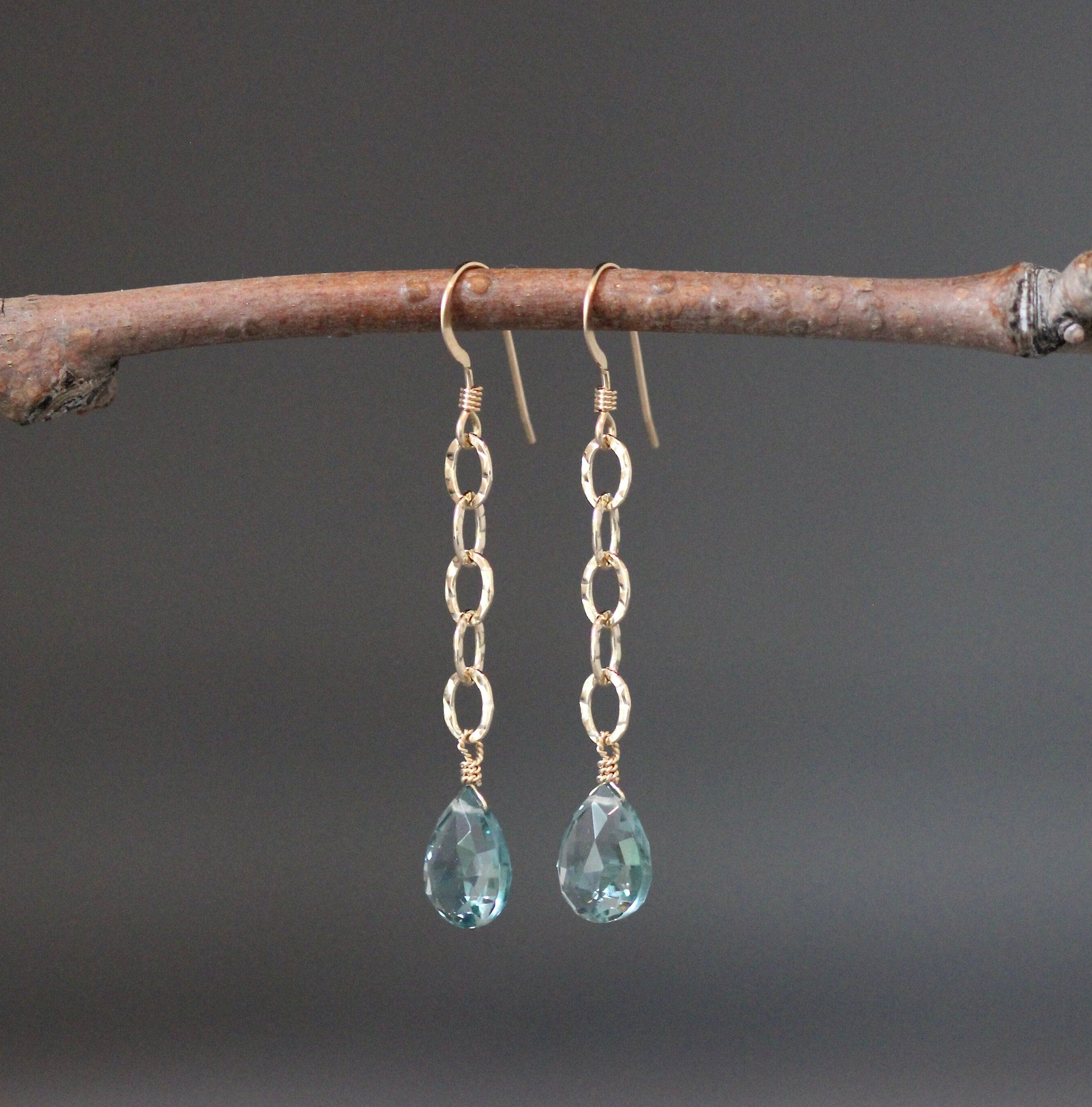 Teal Blue Topaz Quartz Teardrop Earrings on Hammered Gold Filled Links