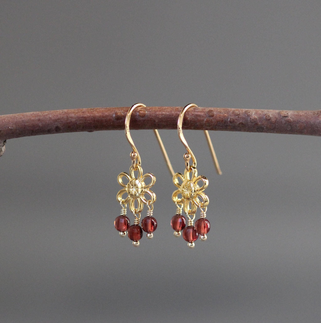 Garnet Coin Dangle Earrings on Gold Vermeil Flower Links