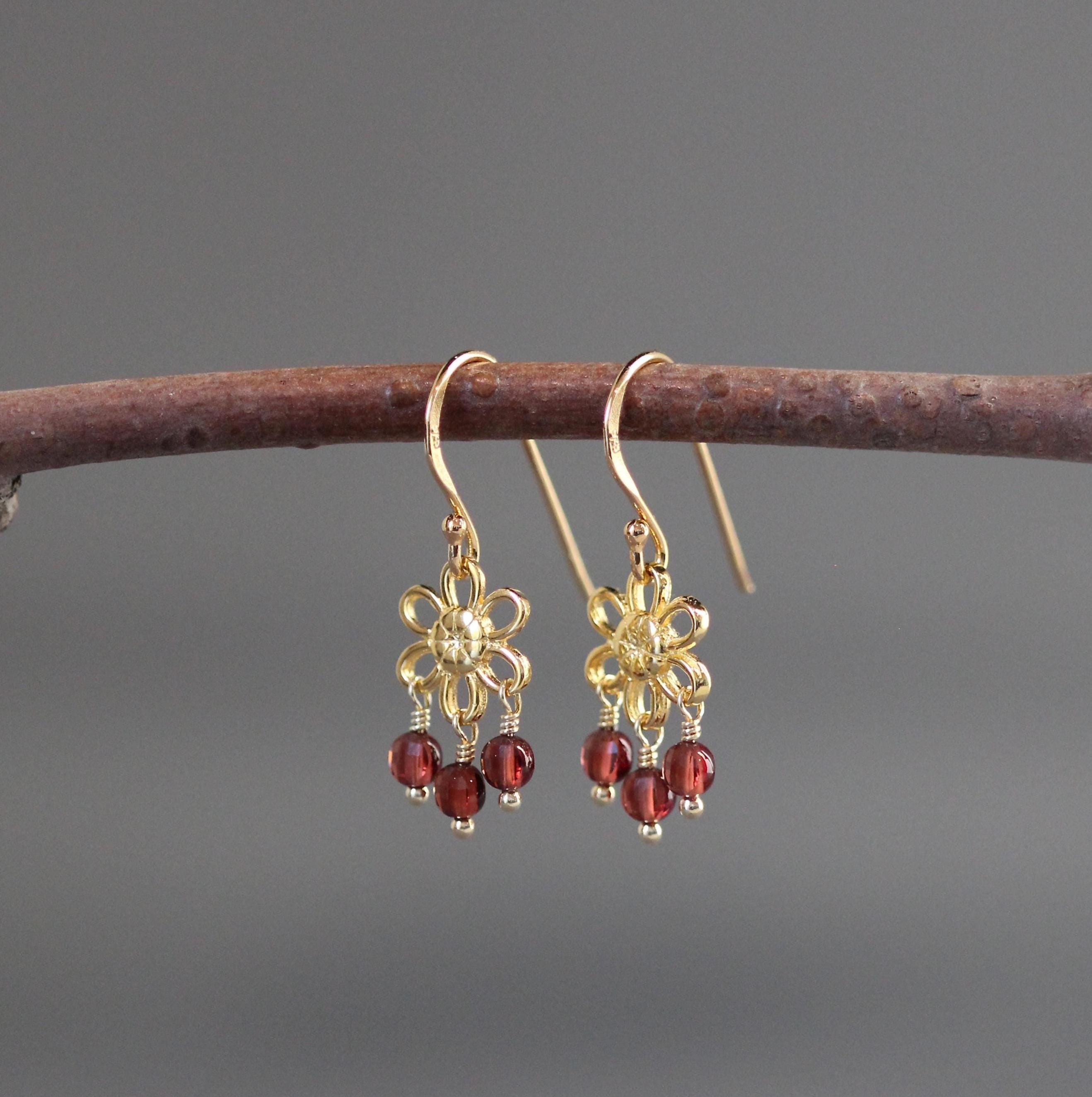 Garnet Coin Dangle Earrings on Gold Vermeil Flower Links