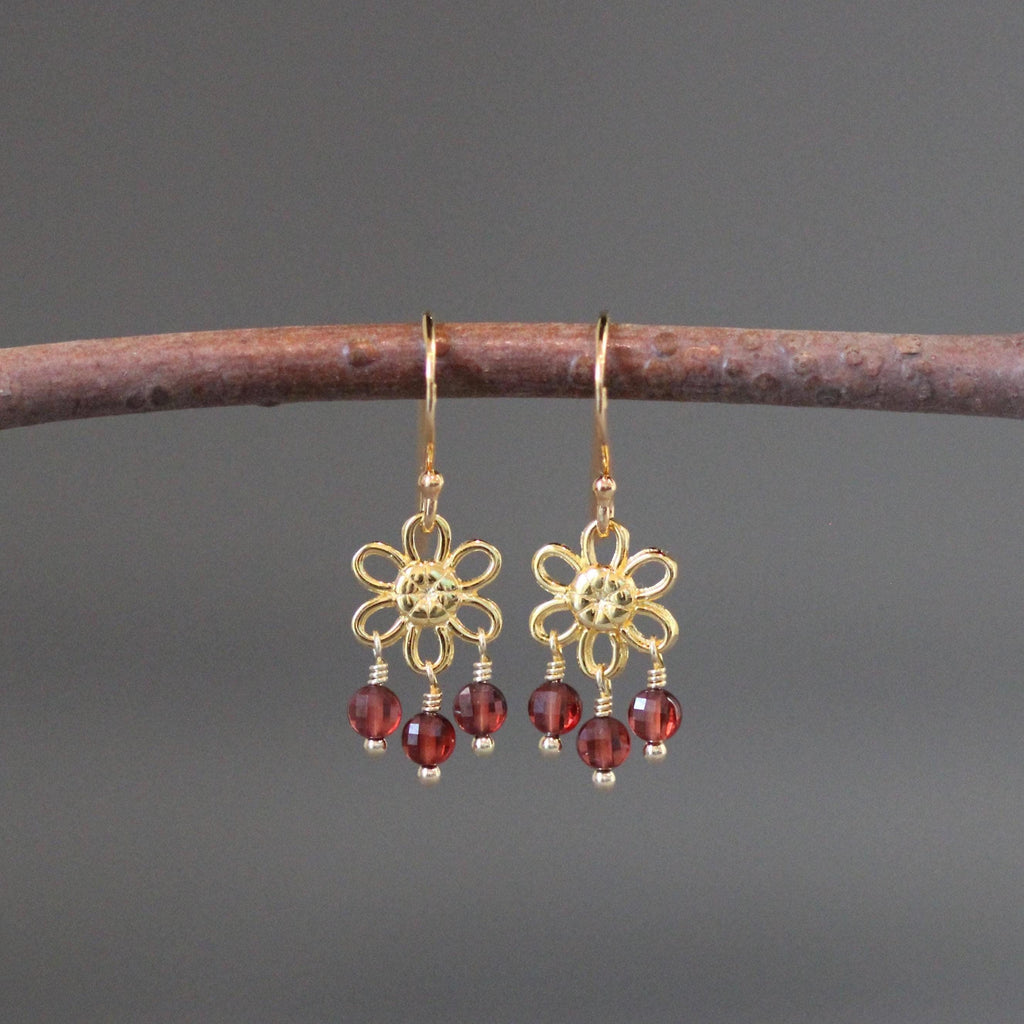 Garnet Coin Dangle Earrings on Gold Vermeil Flower Links