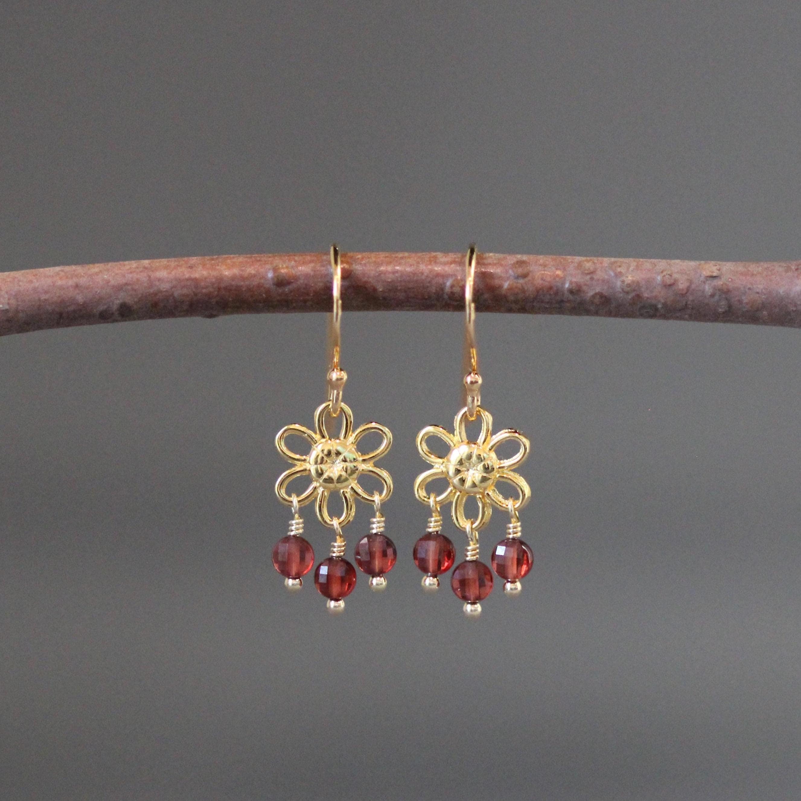 Garnet Coin Dangle Earrings on Gold Vermeil Flower Links