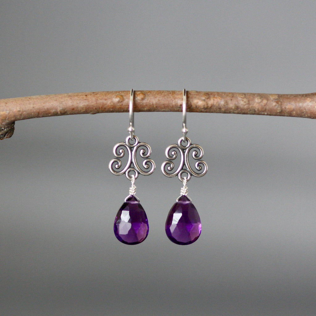 Amethyst Quartz Teardrop Earrings on Bali Sterling Silver Scroll Links