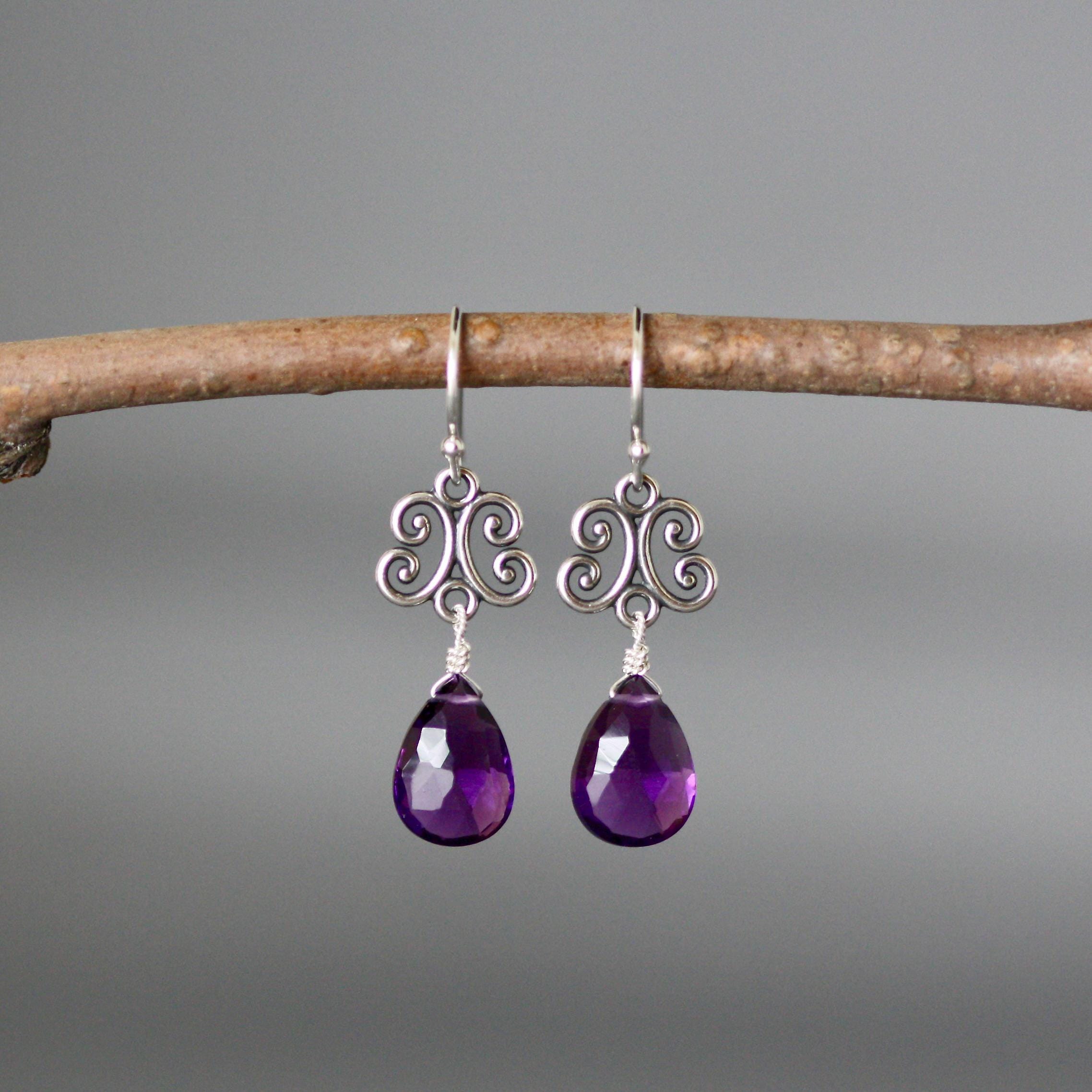 Amethyst Quartz Teardrop Earrings on Bali Sterling Silver Scroll Links