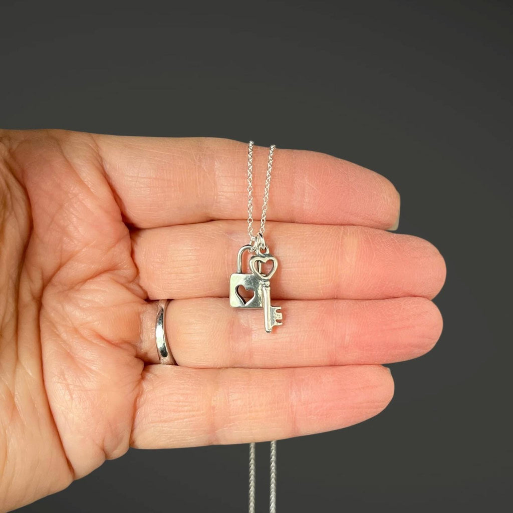 Sterling Silver Heart Lock and Key Charm Pendant Necklace