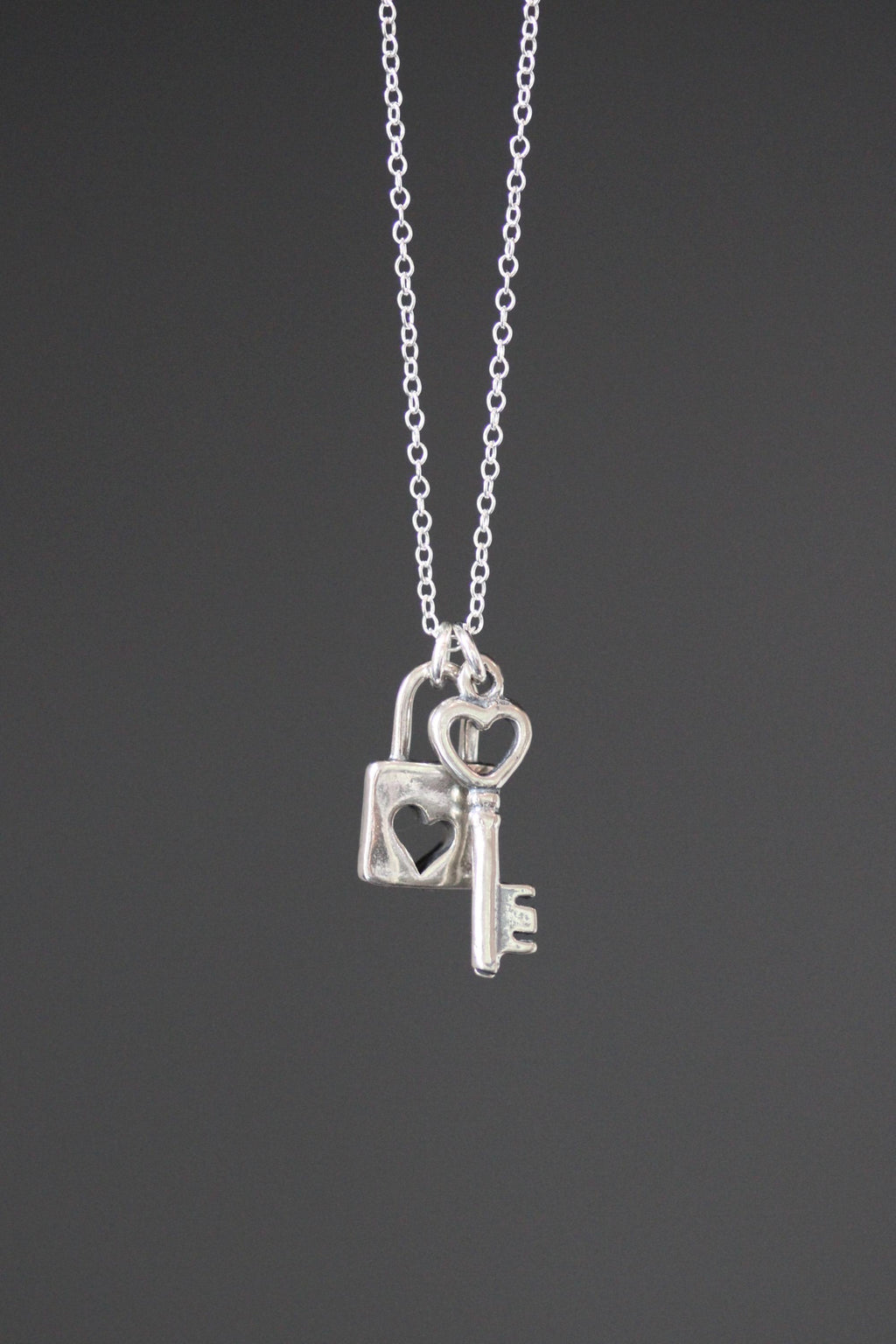 Sterling Silver Heart Lock and Key Charm Pendant Necklace