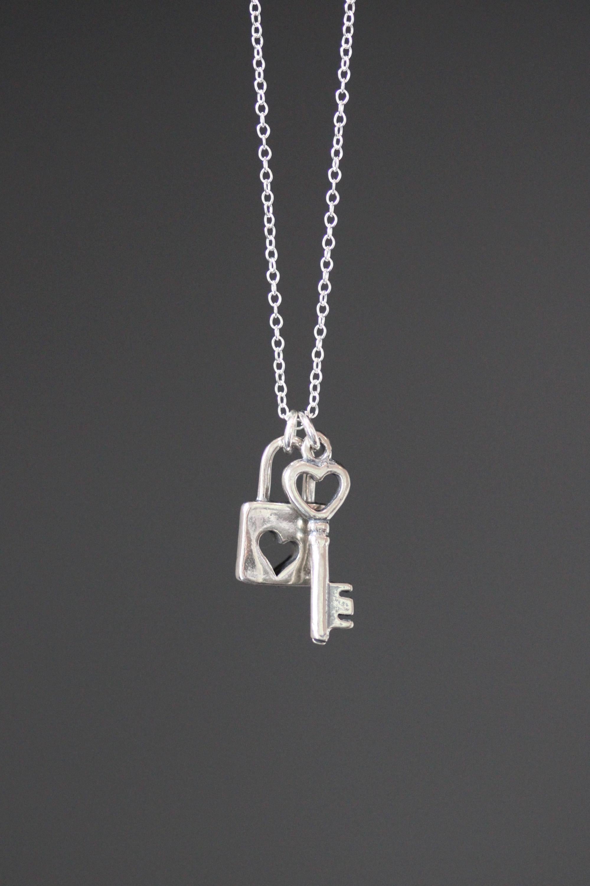 Sterling Silver Heart Lock and Key Charm Pendant Necklace