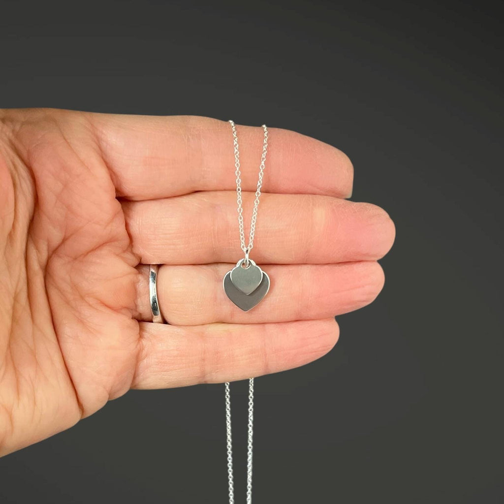 Double Sterling Silver Heart Tag Charm Pendant Necklace