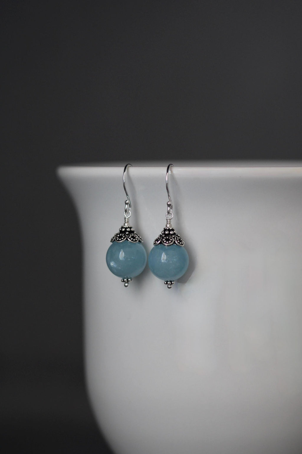 Aquamarine Round Stone Earrings with Bali Sterling Silver Caps