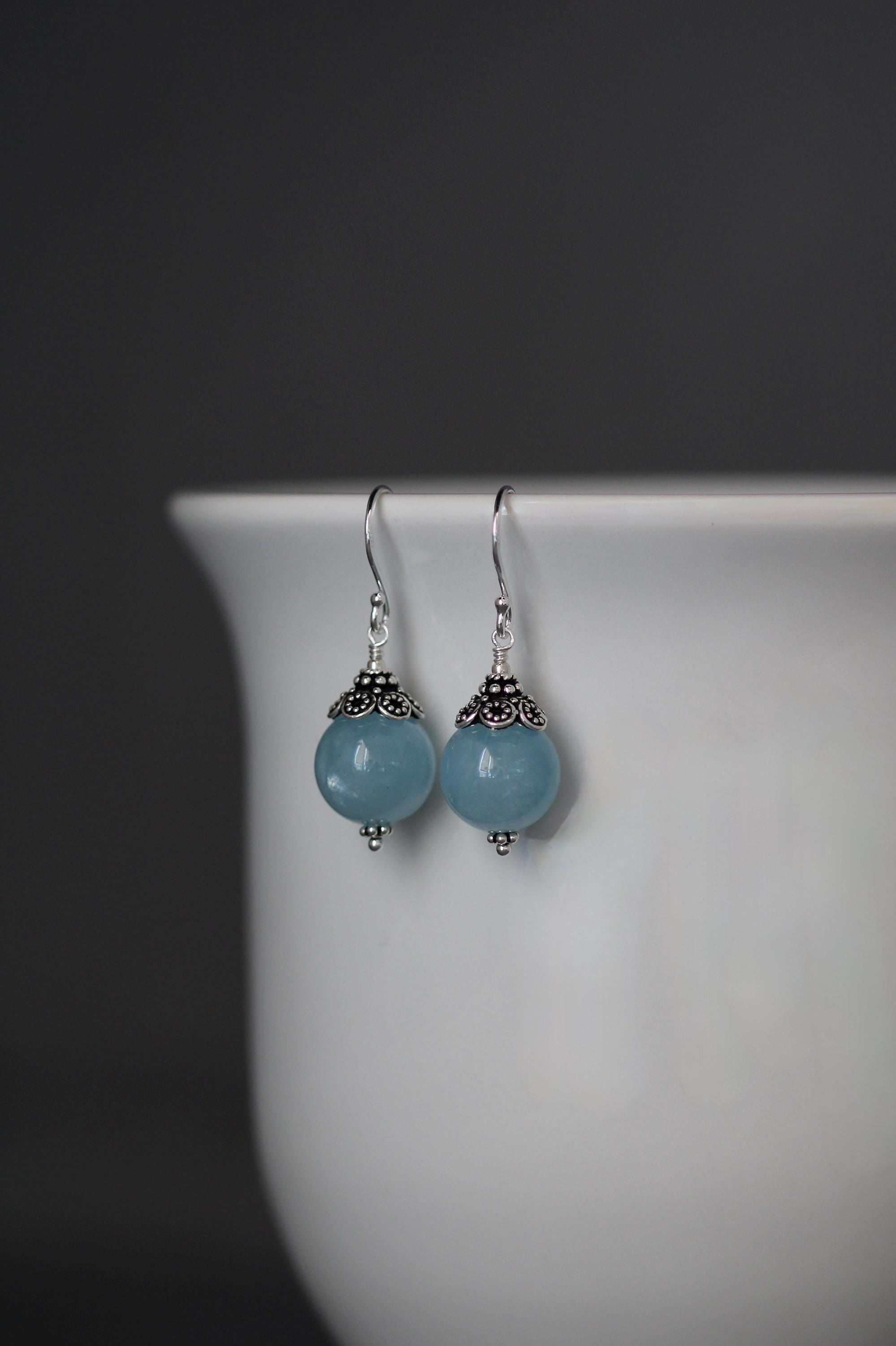Aquamarine Round Stone Earrings with Bali Sterling Silver Caps