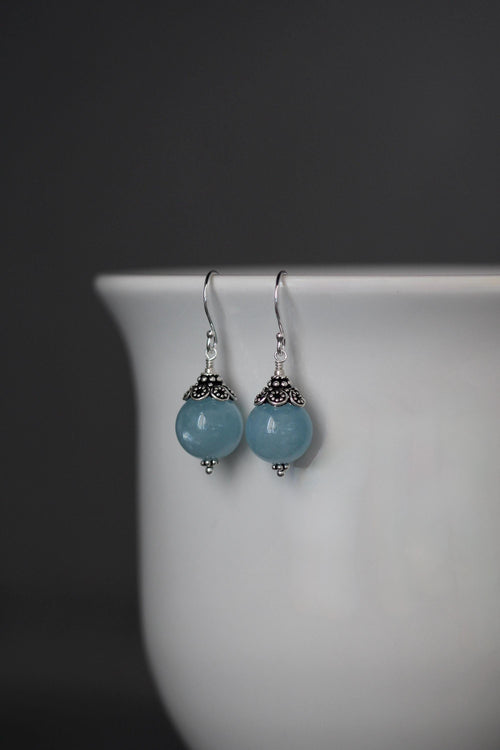 Aquamarine Round Stone Earrings with Bali Sterling Silver Caps