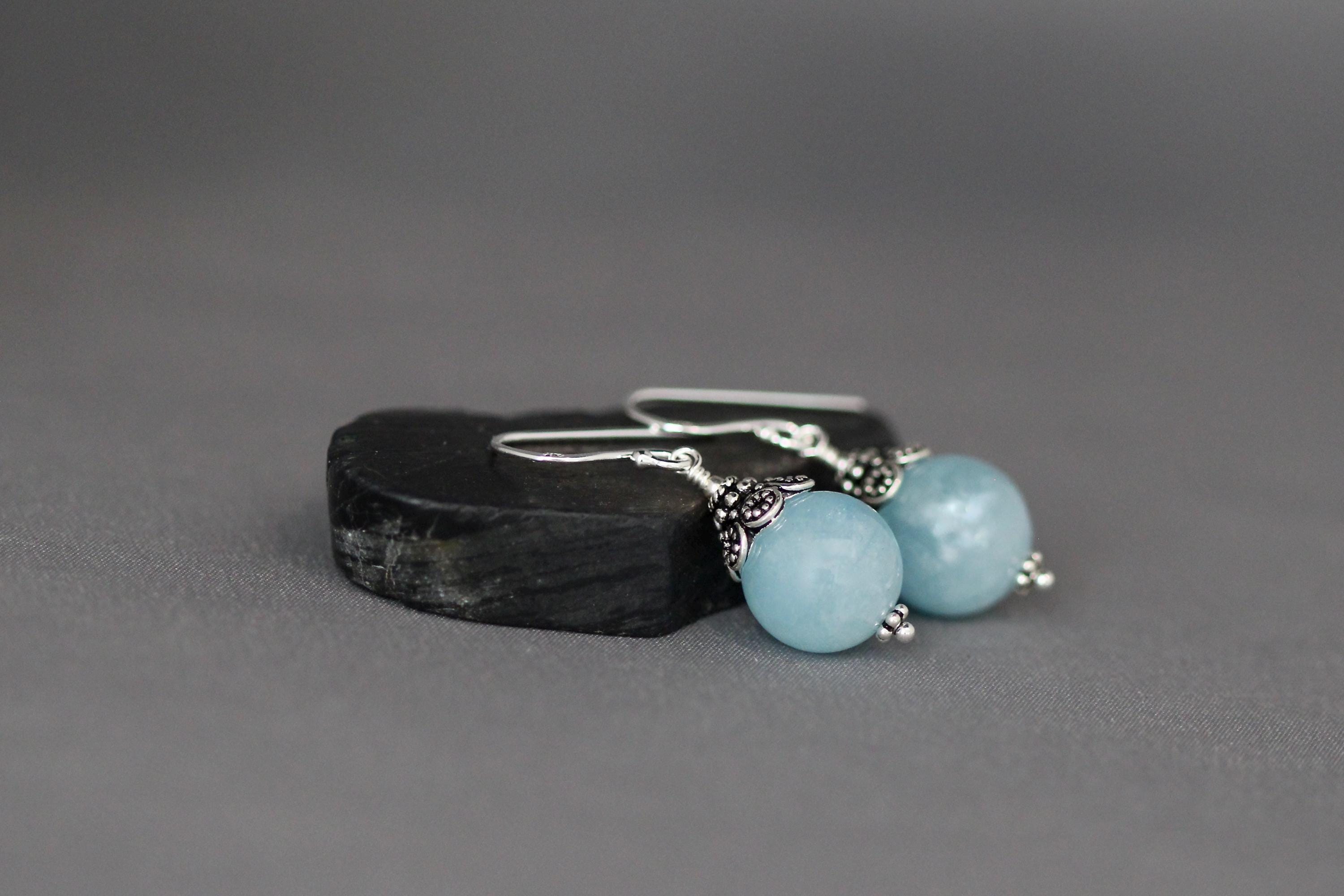 Aquamarine Round Stone Earrings with Bali Sterling Silver Caps