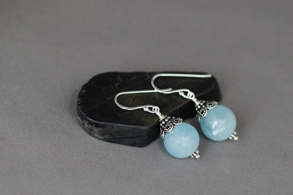 Aquamarine Round Stone Earrings with Bali Sterling Silver Caps