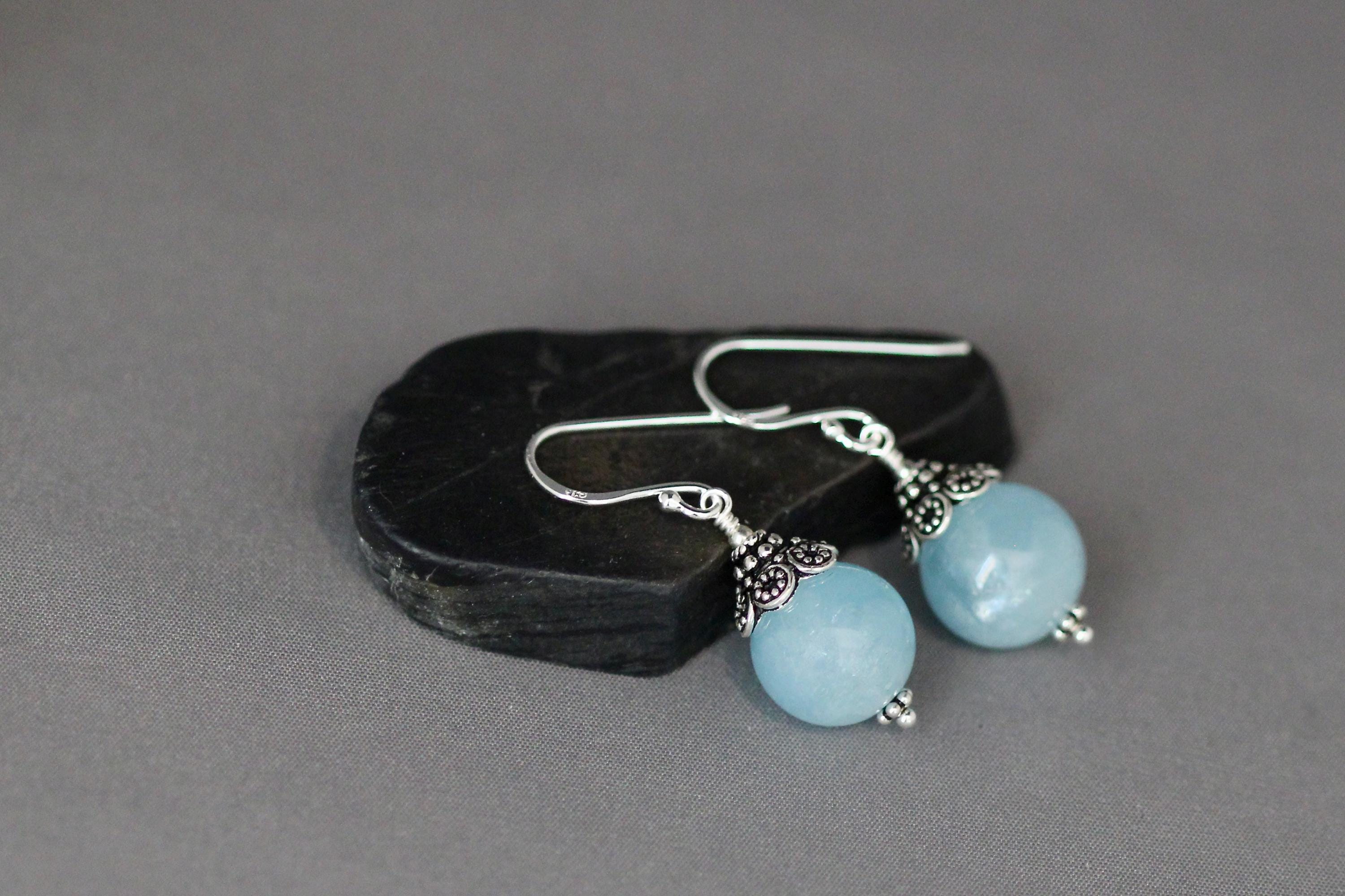 Aquamarine Round Stone Earrings with Bali Sterling Silver Caps