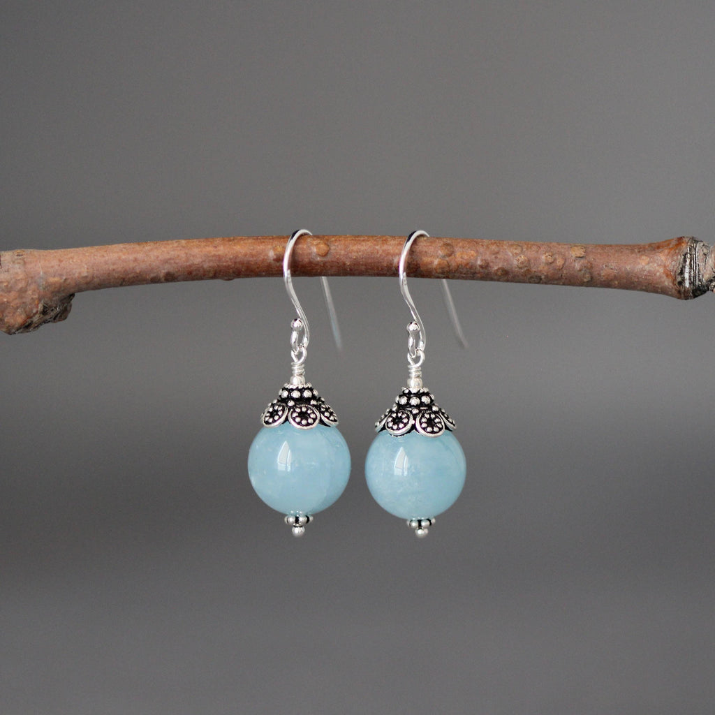 Aquamarine Round Stone Earrings with Bali Sterling Silver Caps