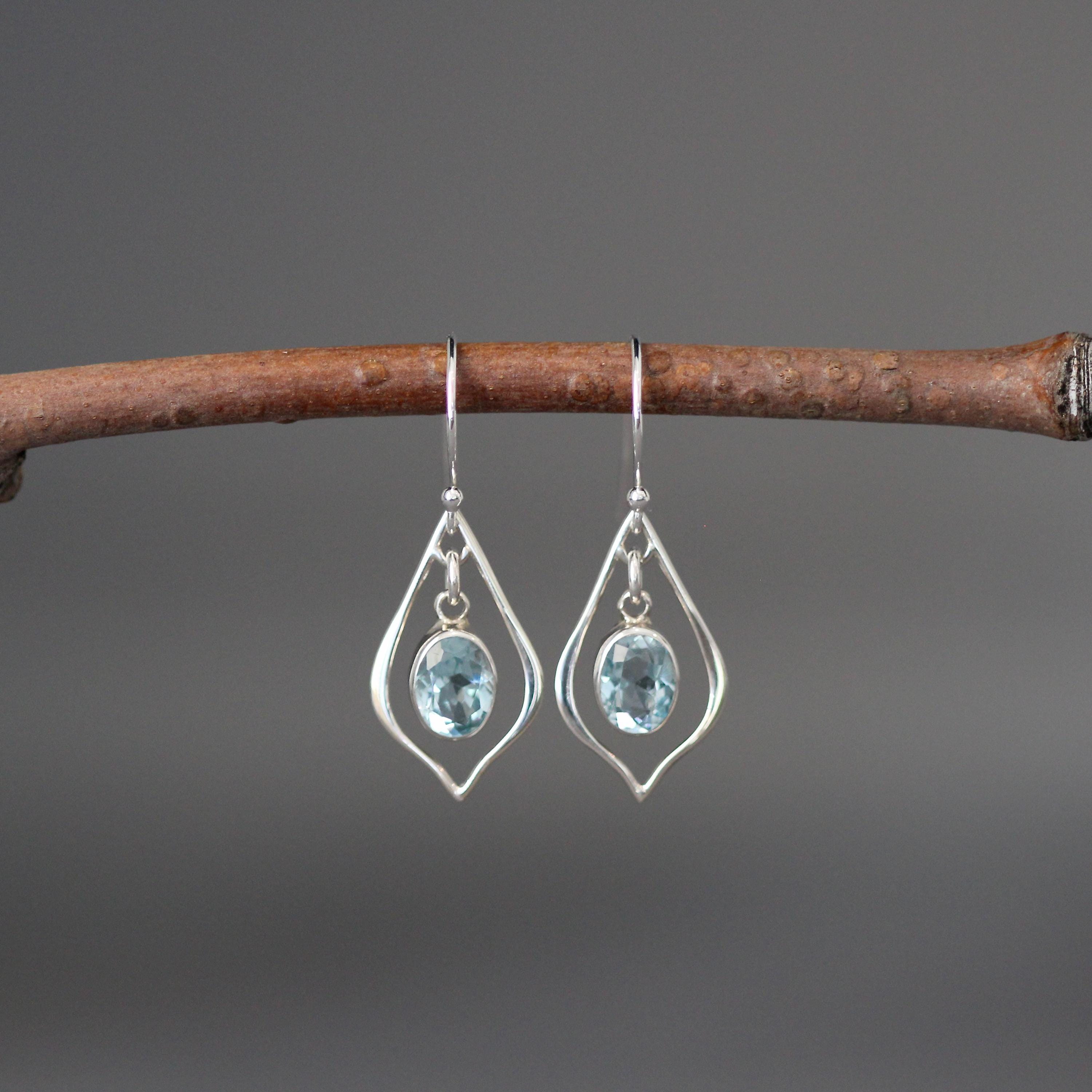 Blue Topaz Oval Bezel Earrings with Bali Sterling Silver Frames